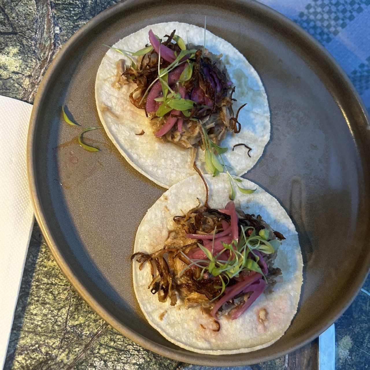 Confit pork tacos