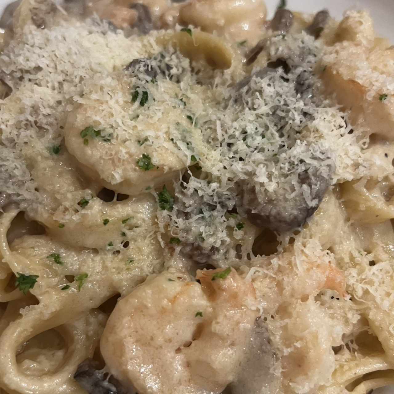 Fettuccine en salsa cremosa de hongos con camarones salteados 