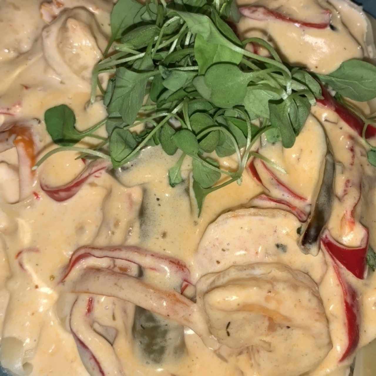 Pasta con salsa cajun de pollo y langostinos