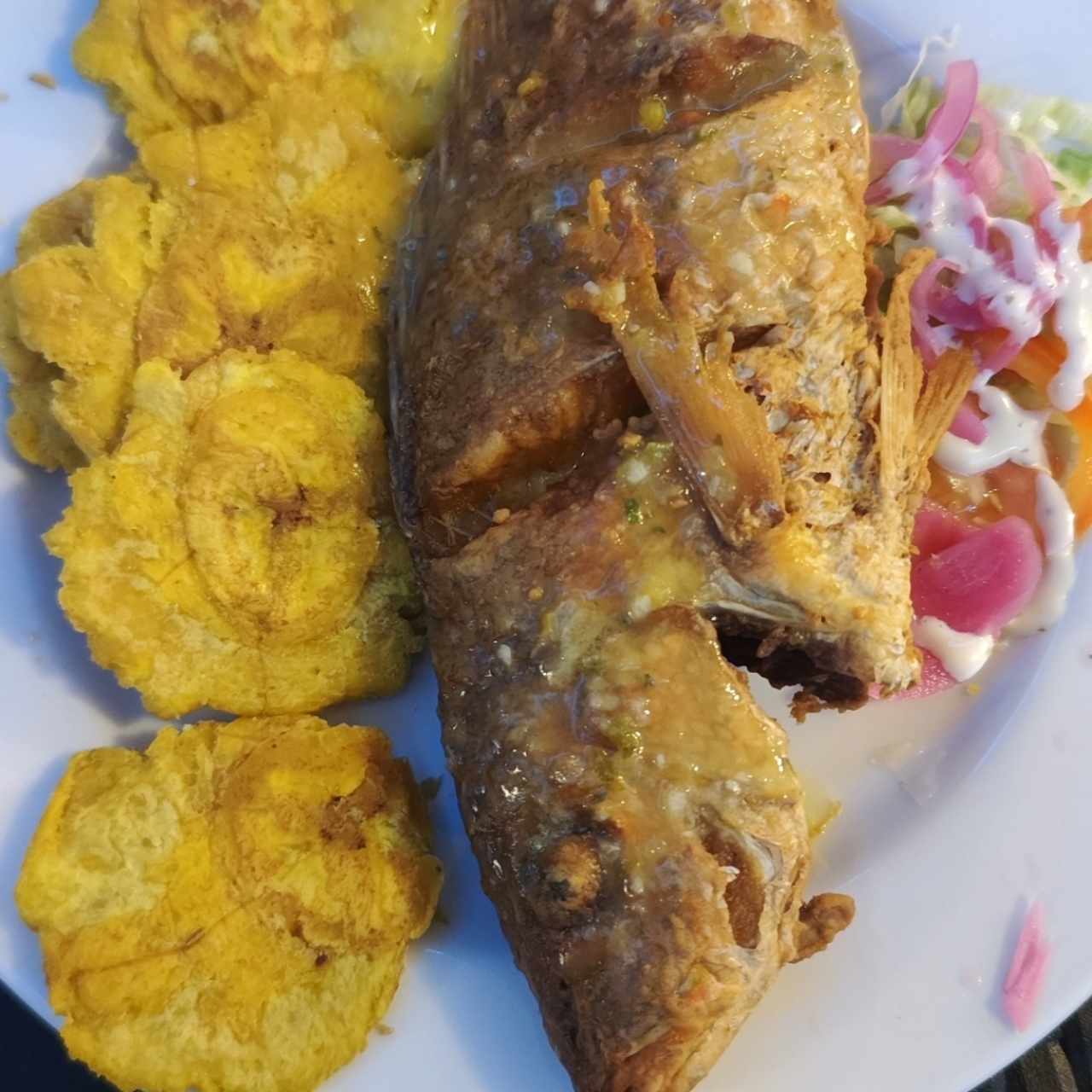 Pargo rojo entero con Patacones 