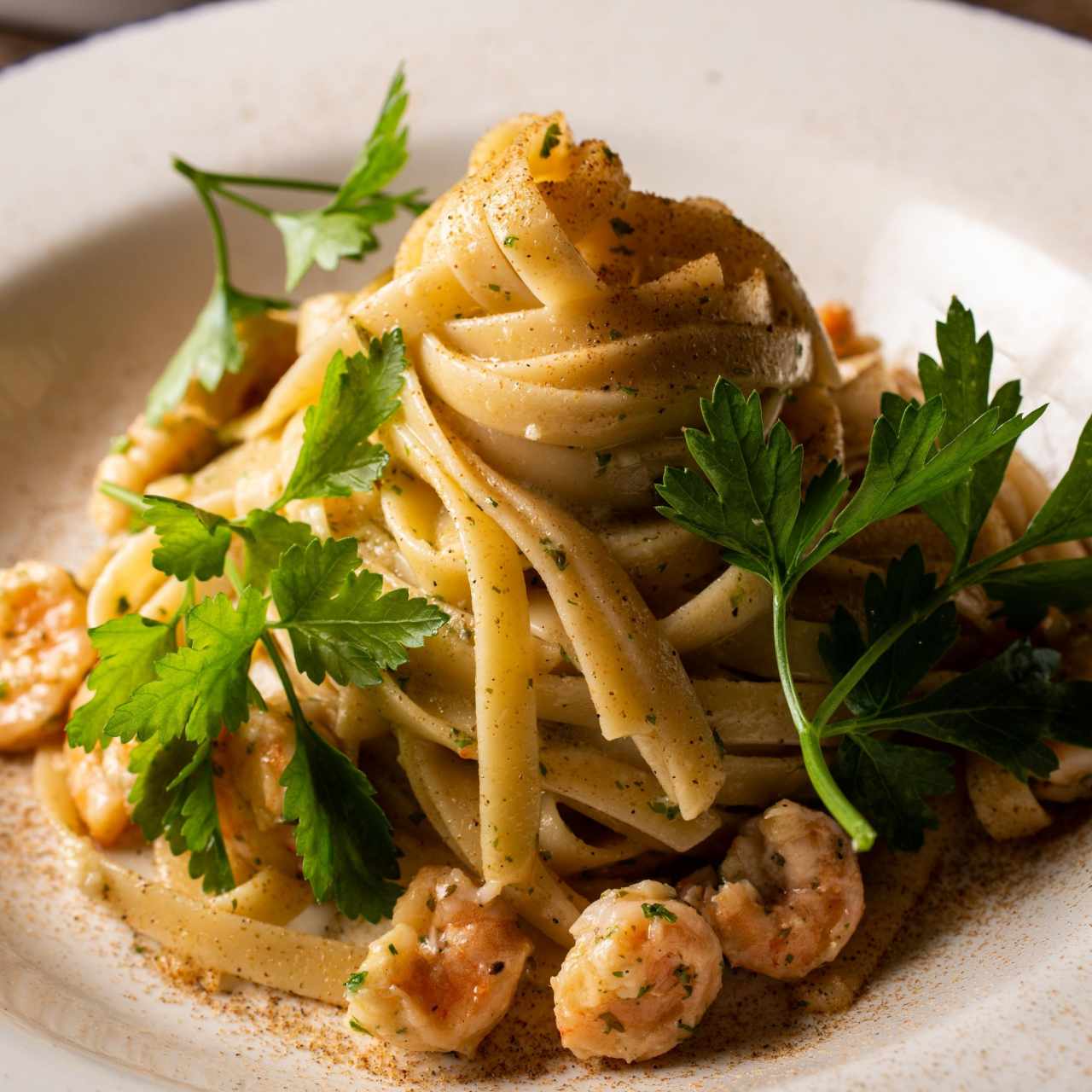 FETUCCINI AGLIO, OLIO E GAMBERETTI