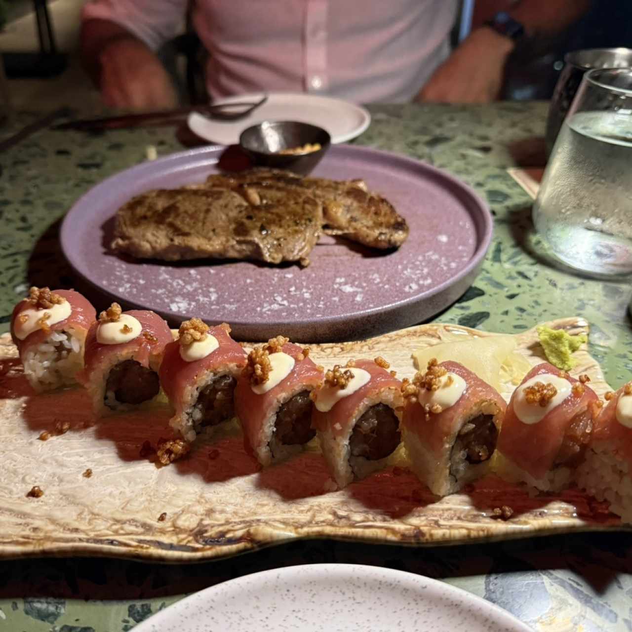 Spicy tuna roll and ribeye