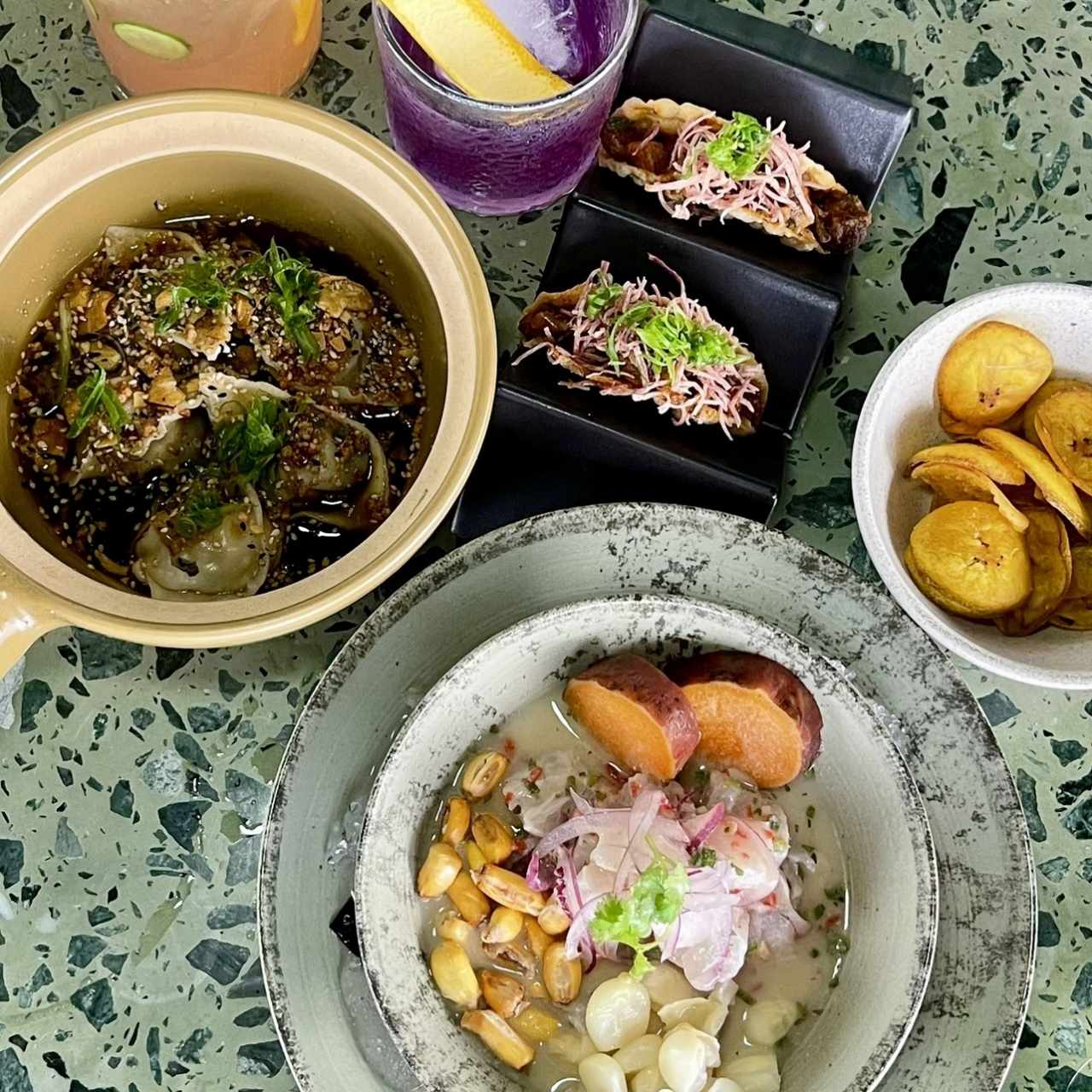 Spicy Pork Dumpling • Ceviche Natural • Taco Ribeye Fusion 