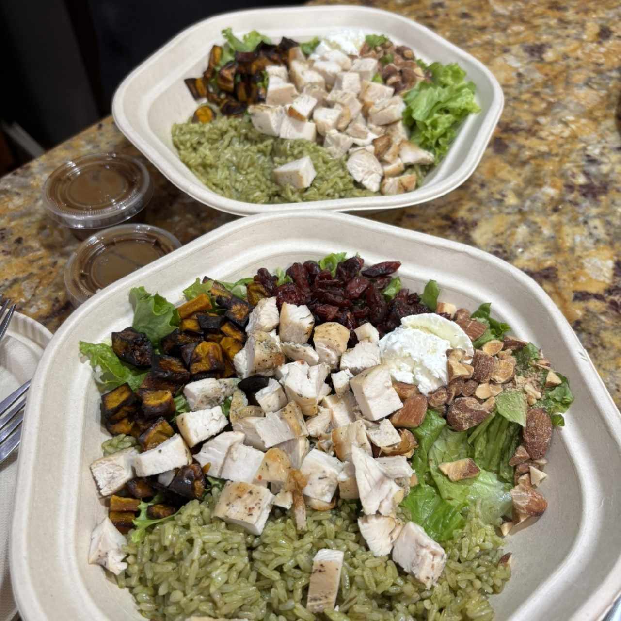Cilantro rice, roadted sweet potato, nuts cranberry, mixed greens, balsamic vinigrette
