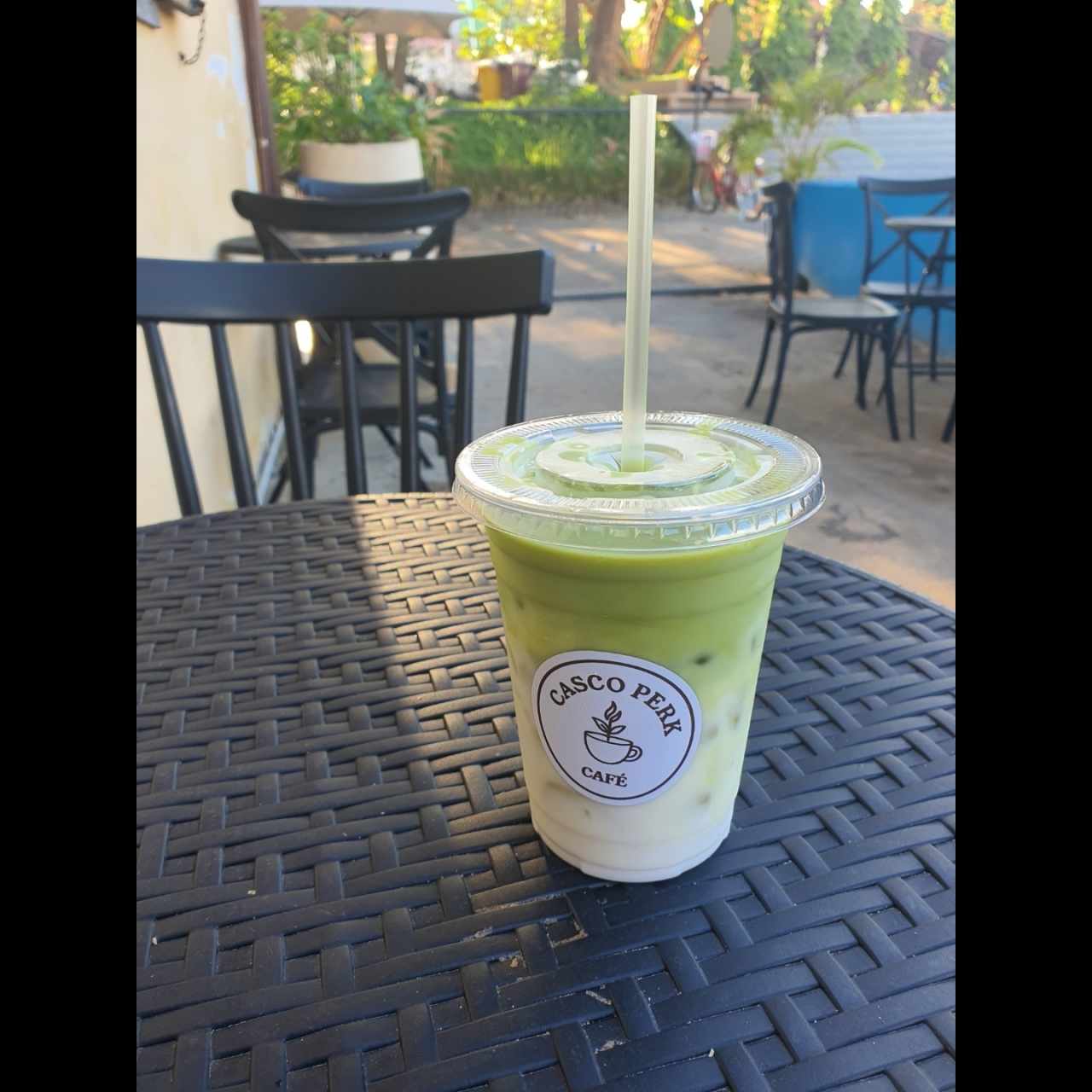 Iced matcha latte with almond milk