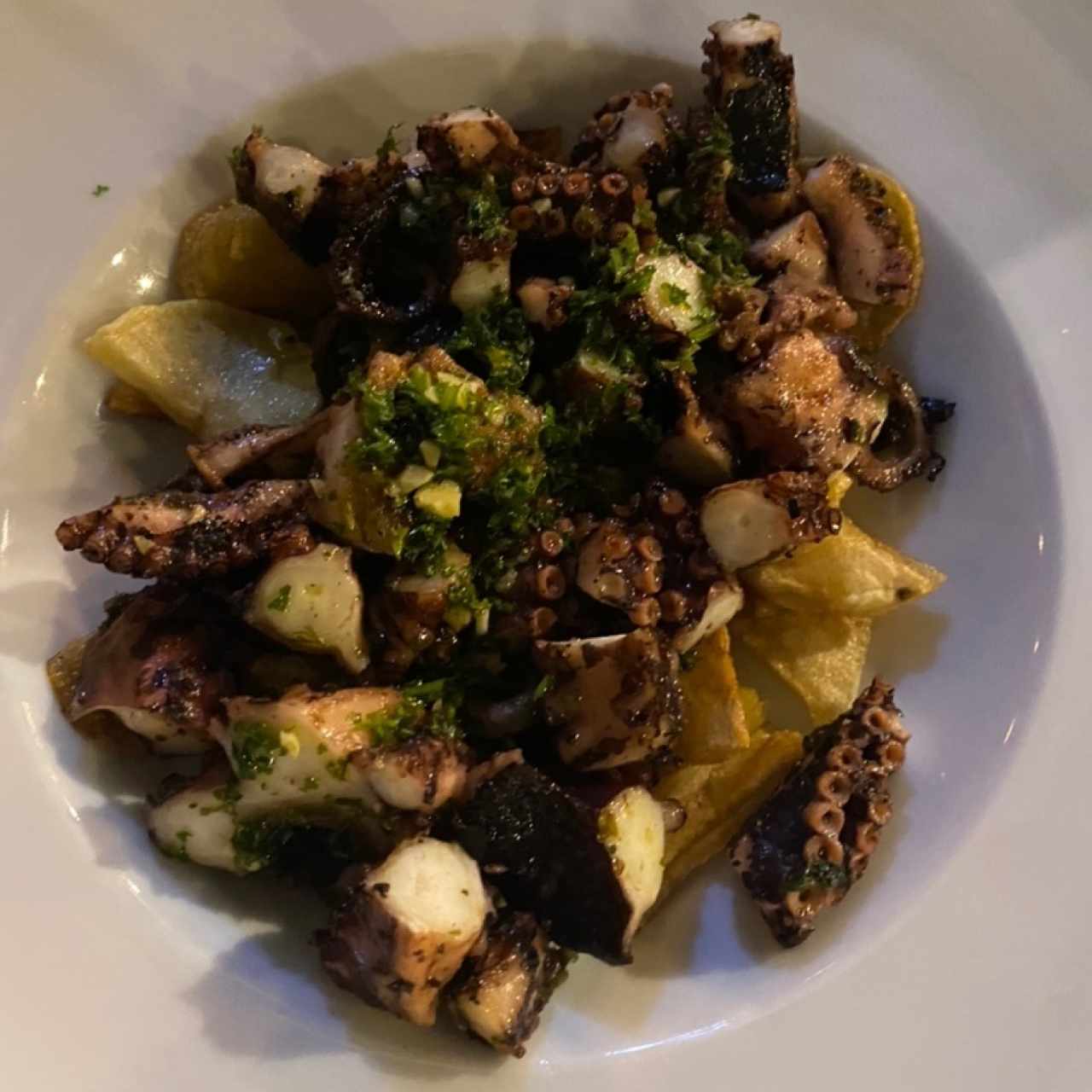 Pulpo a la Parrilla Sobre Medallones de Papa y Chimichurri