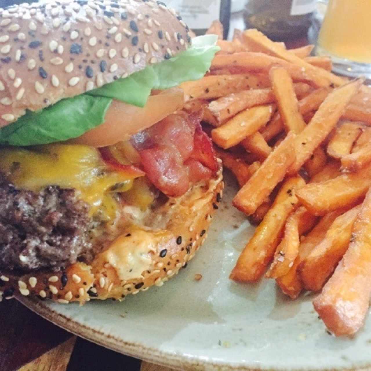 american burger and sweet potato