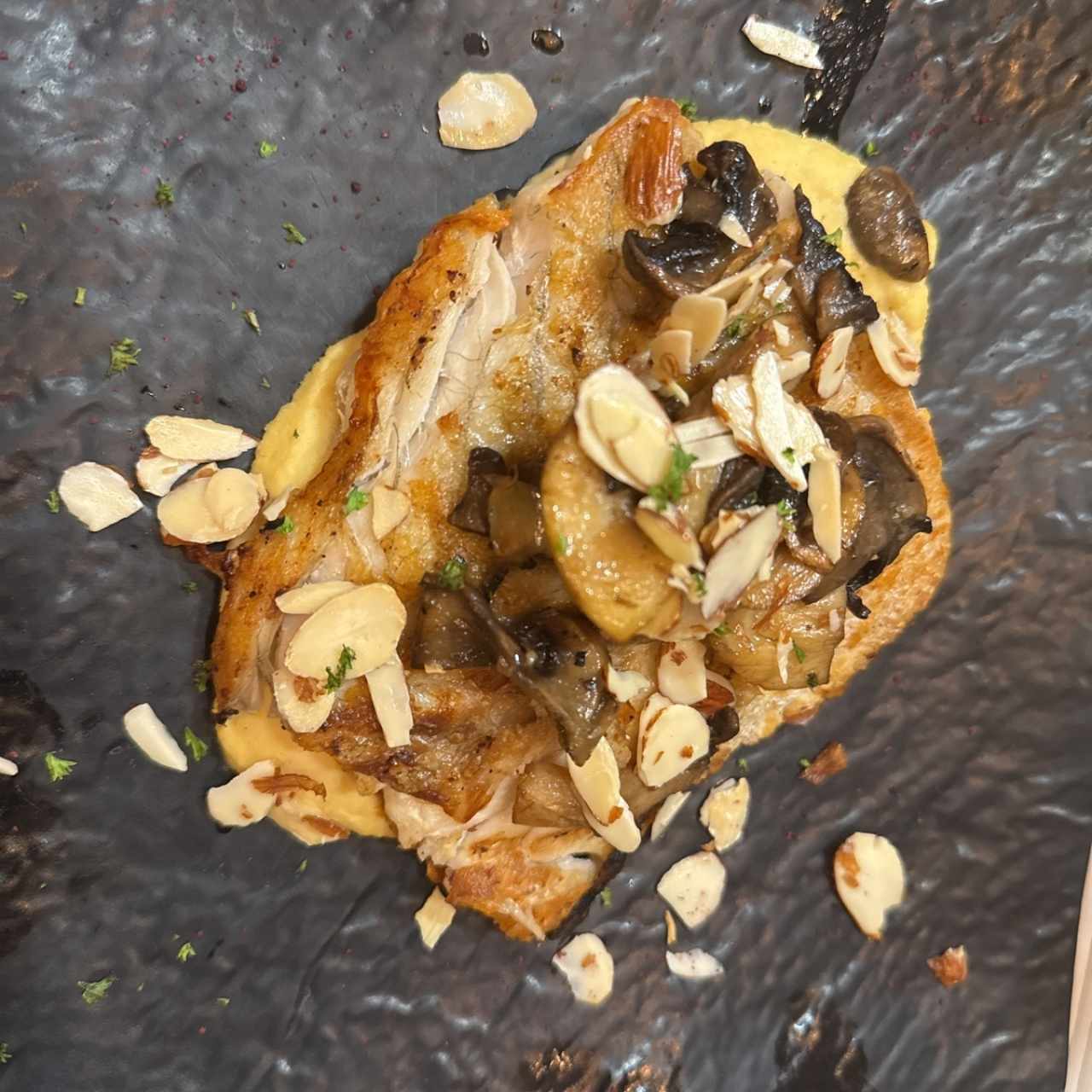 Corvina (8 Oz) con Hummus, almendras y hongos