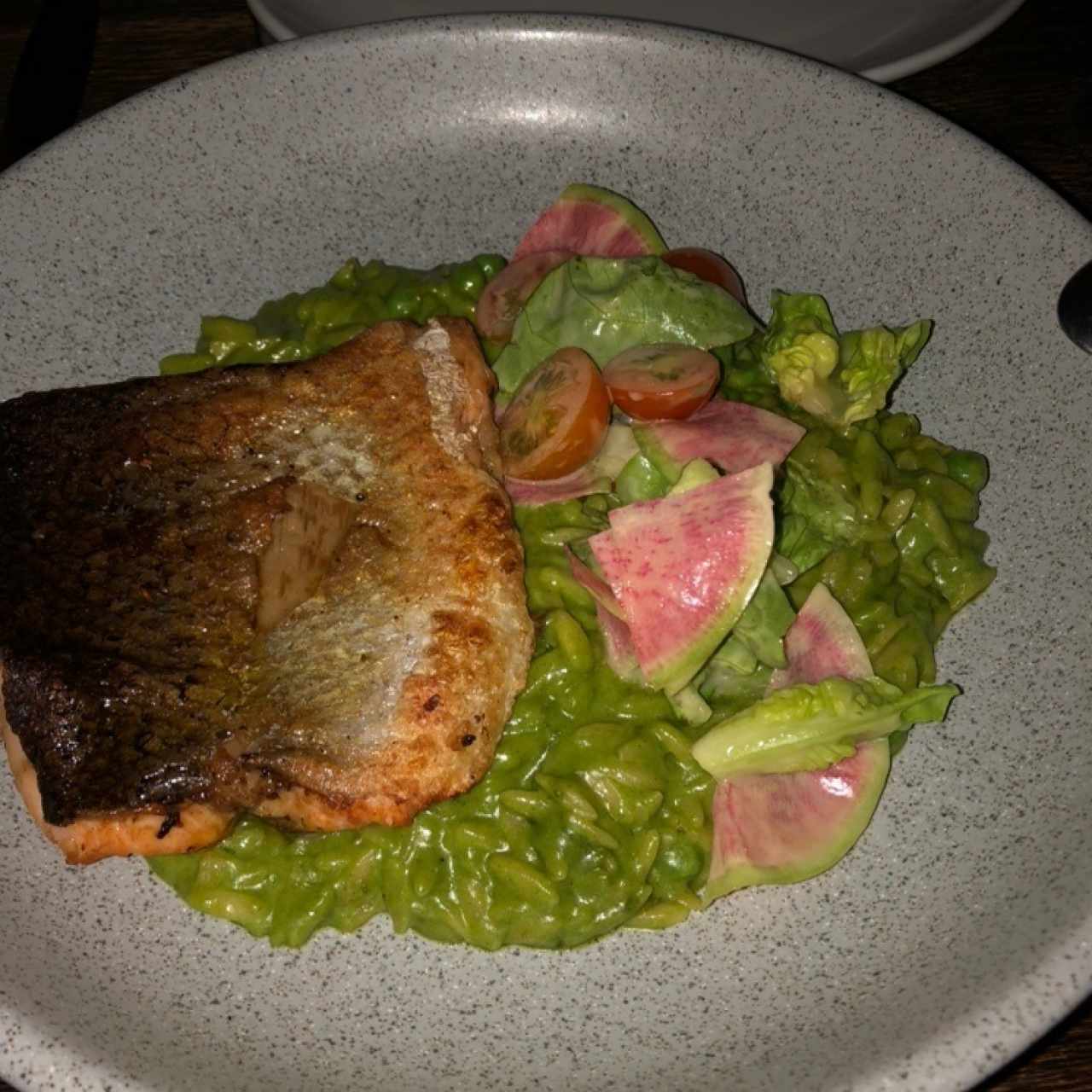 salmon en cama de orzo