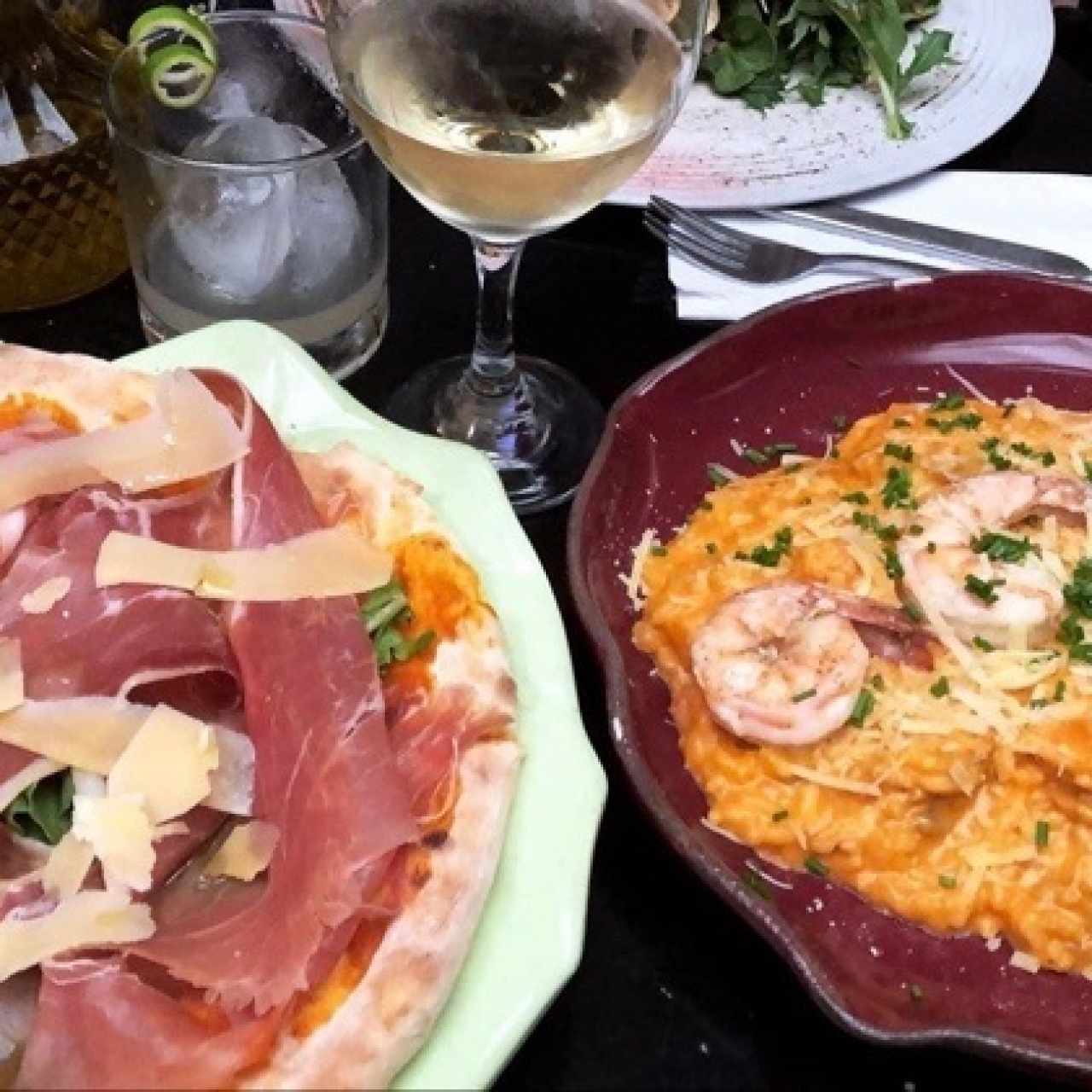 pizza Maria Antonia y Risotto de langostinos 