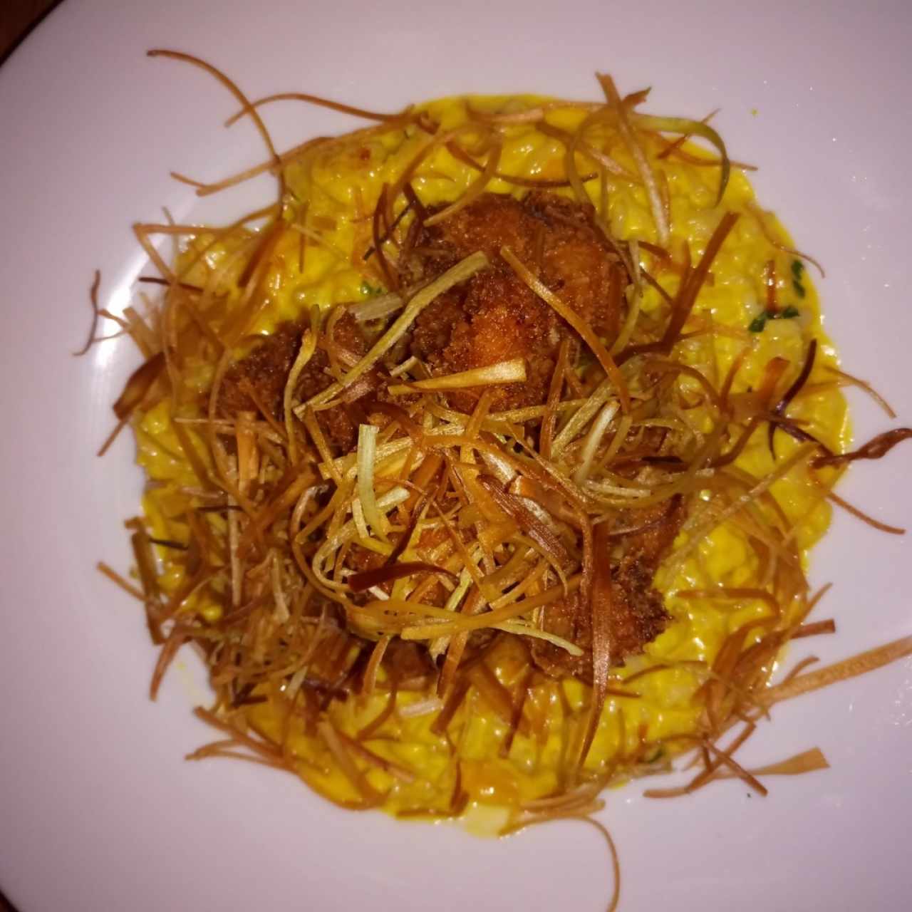 Rissotto con langostinos y durazno