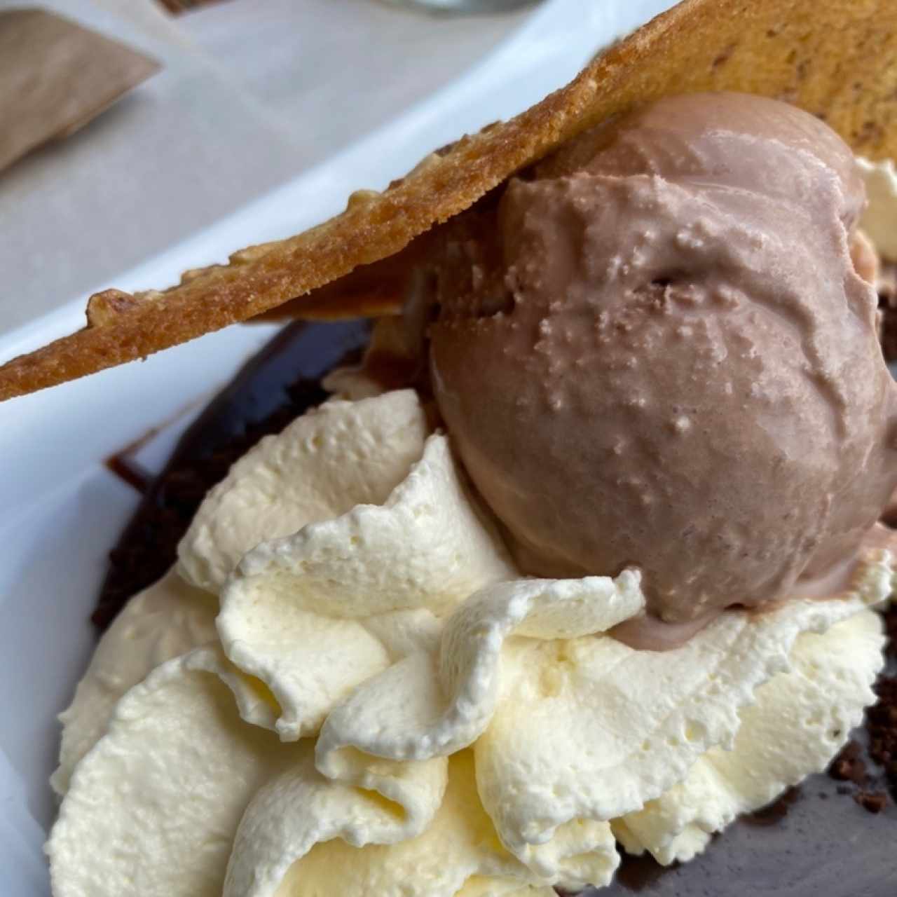 Heldado de chocolate, chantilly y cama de cacao