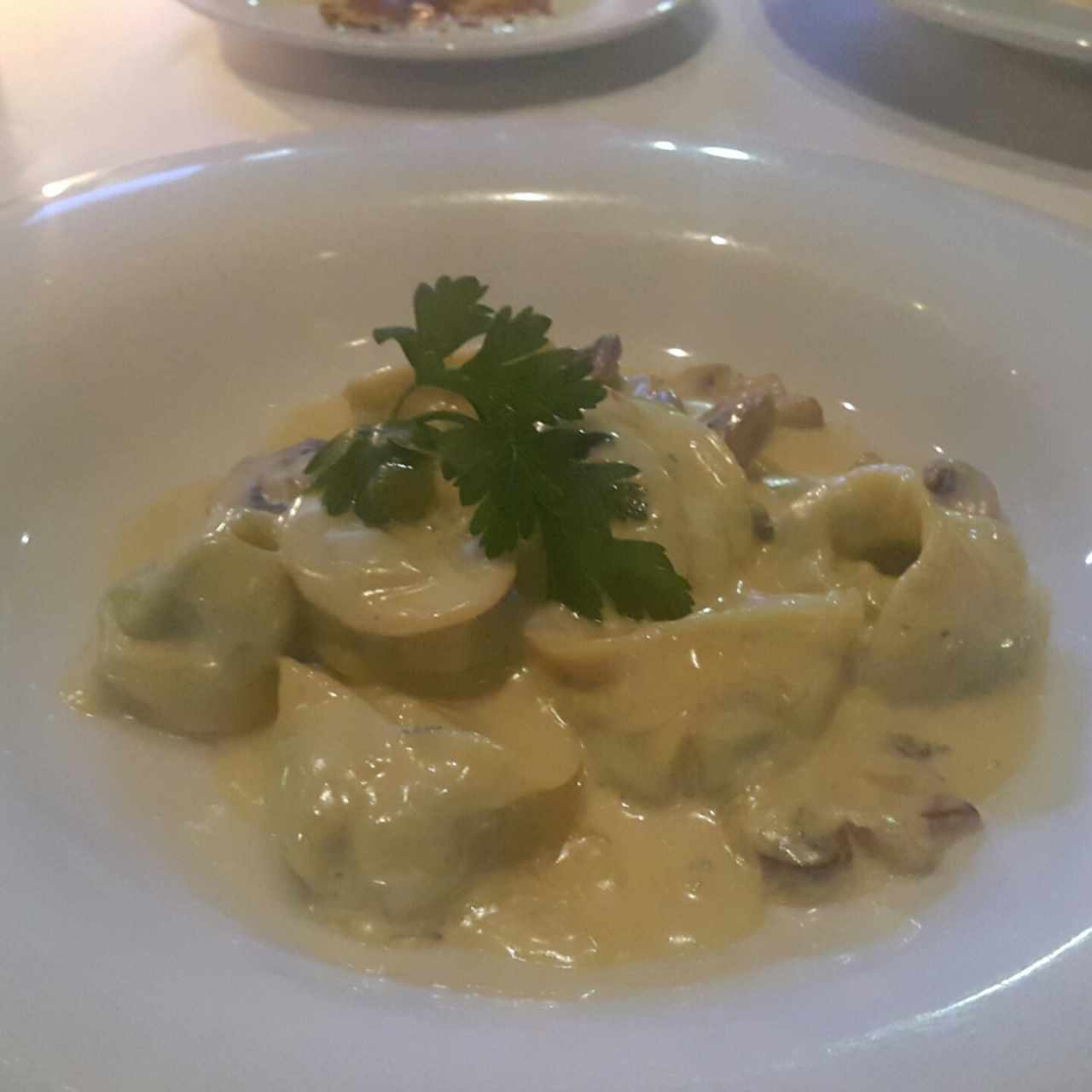 capelletti de ricotta y espinaca en salsa de tres quesos y champiñones