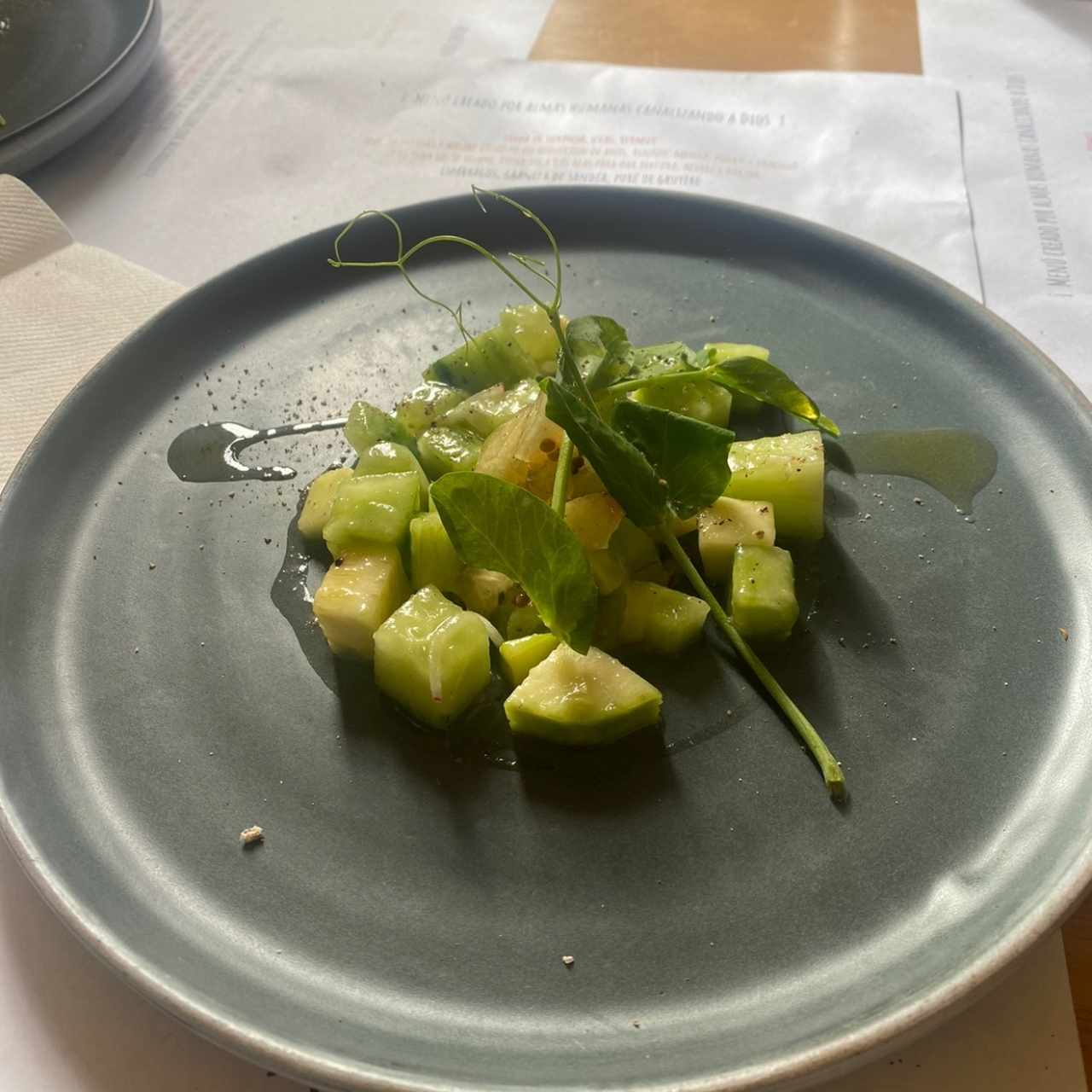 Pepino y sandia , aguacate Hass, mostarda de sandia y marinada asada de mezcal 