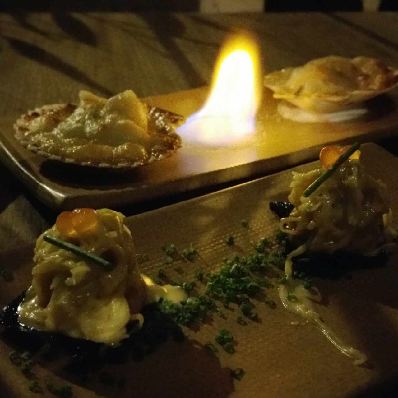 scalops gratinados y langostinos 