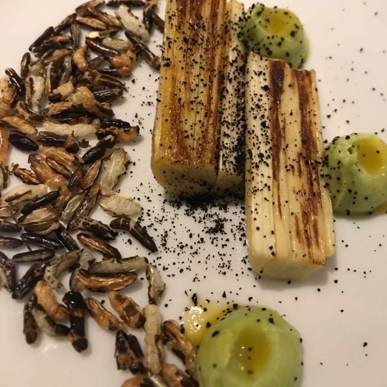 arroz salvaje inflado, palmito a baja temperatura y luego asado, crema de aguacate y naranjila (lulo) fermentado. 