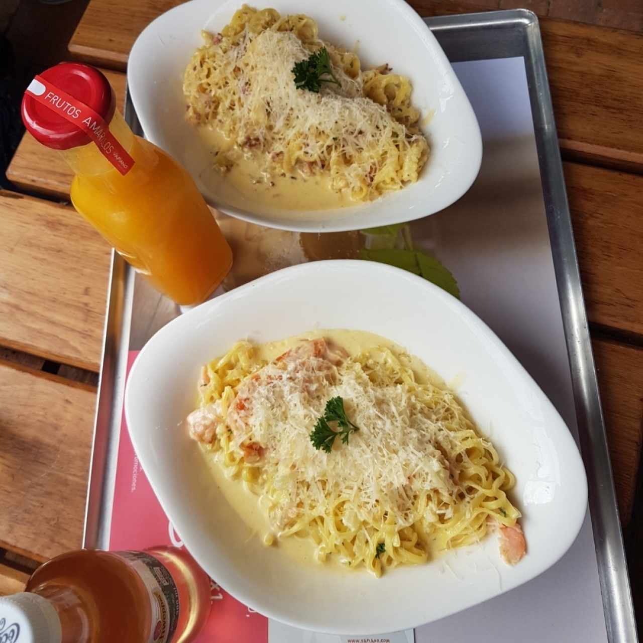 Pasta carbonara y pasta con salmón.