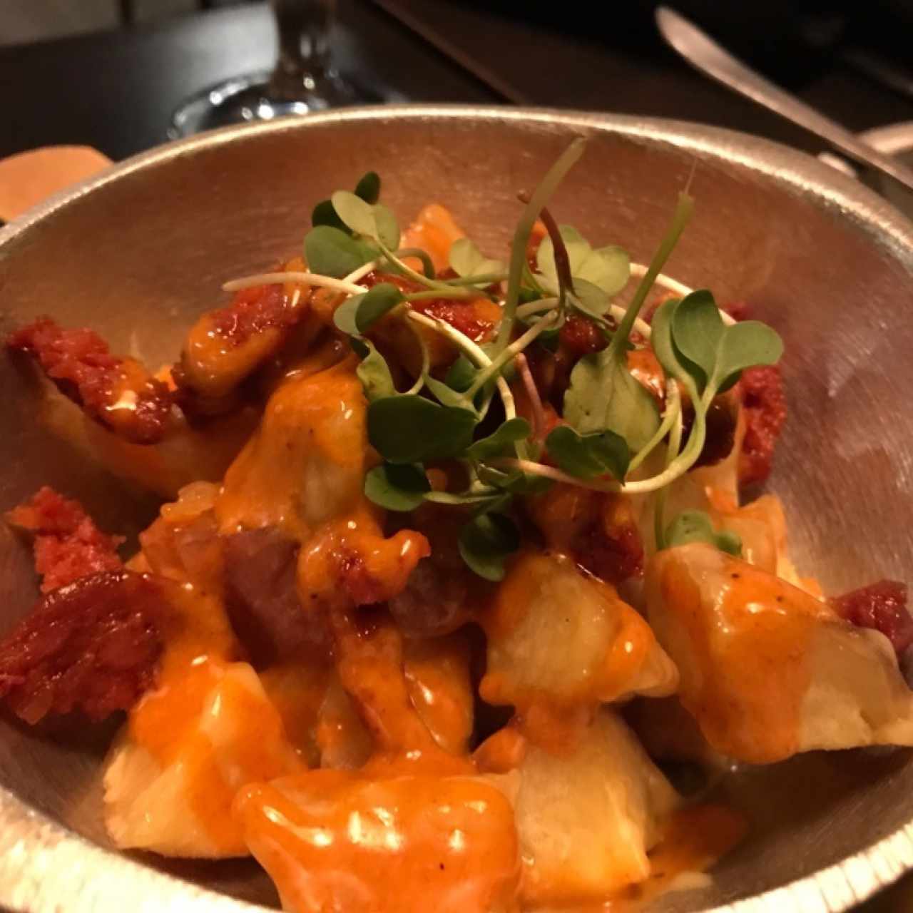 Patatas bravas con chorizo español