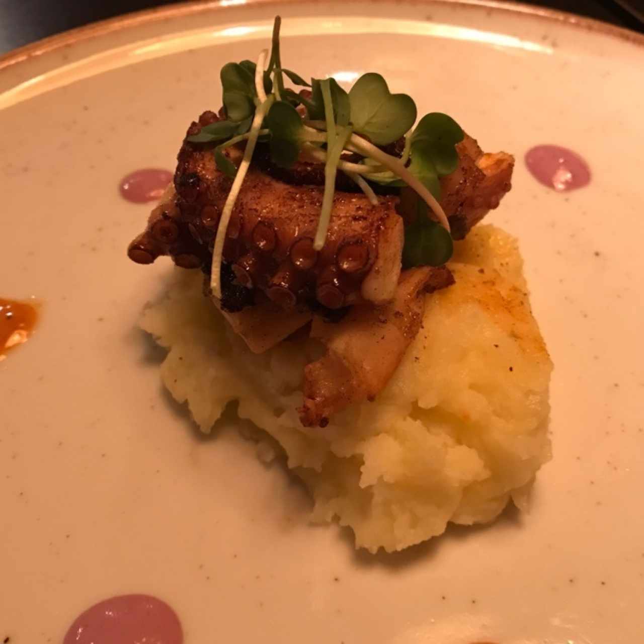 Pulpo sobre papas con aceite de oliva y paprika