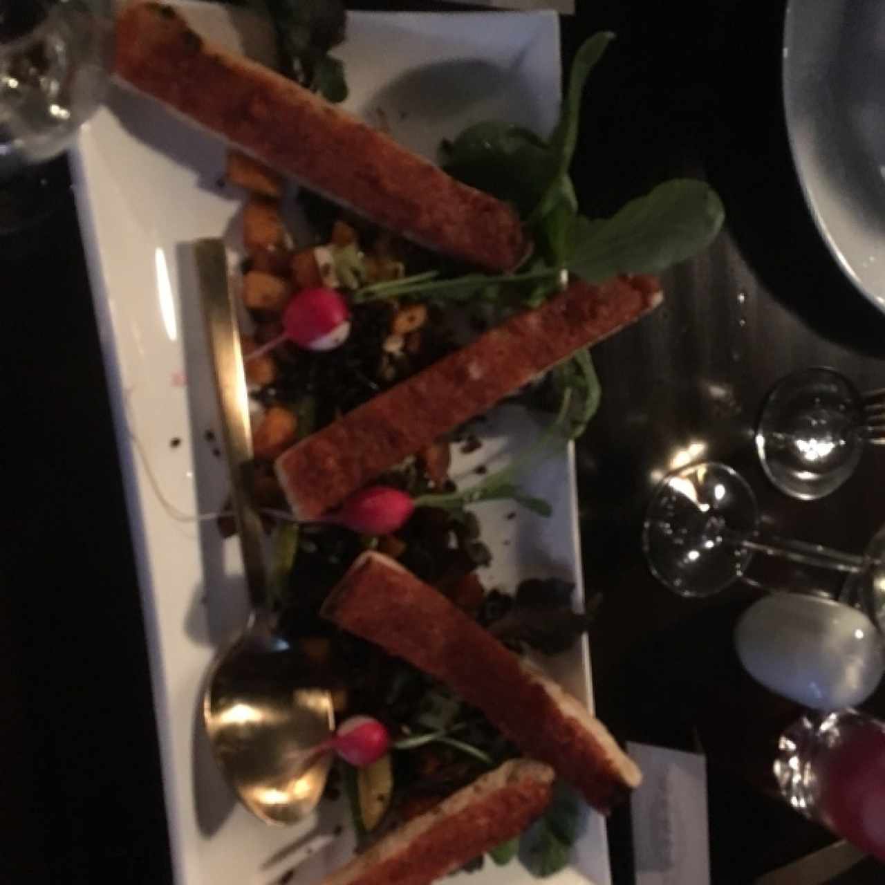 morcilla con jardin de vegetales, papa y toston de sobrasada