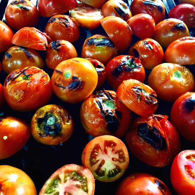 Tomates a la parrilla para muestra sopa de tomate y albahaca