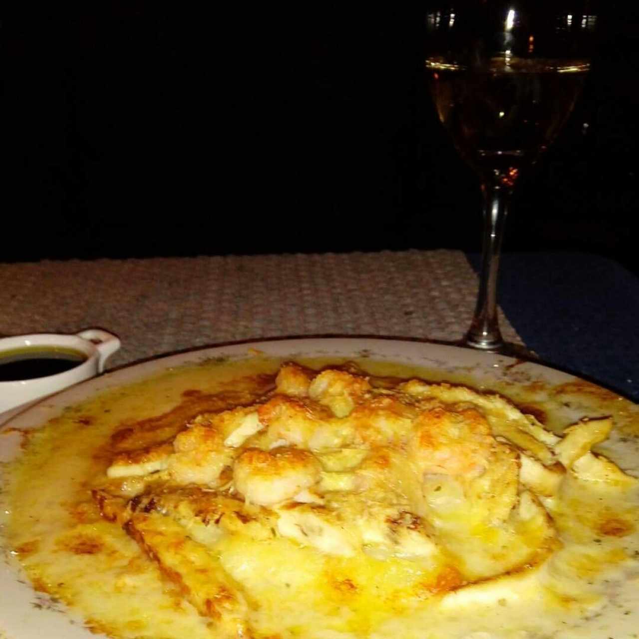 souflé de pollo y Camarón