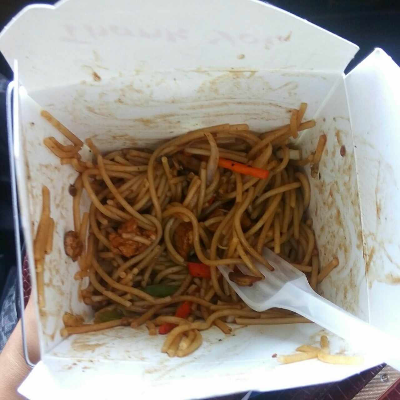 Fideos con pollo, vegetales y salsa de soya