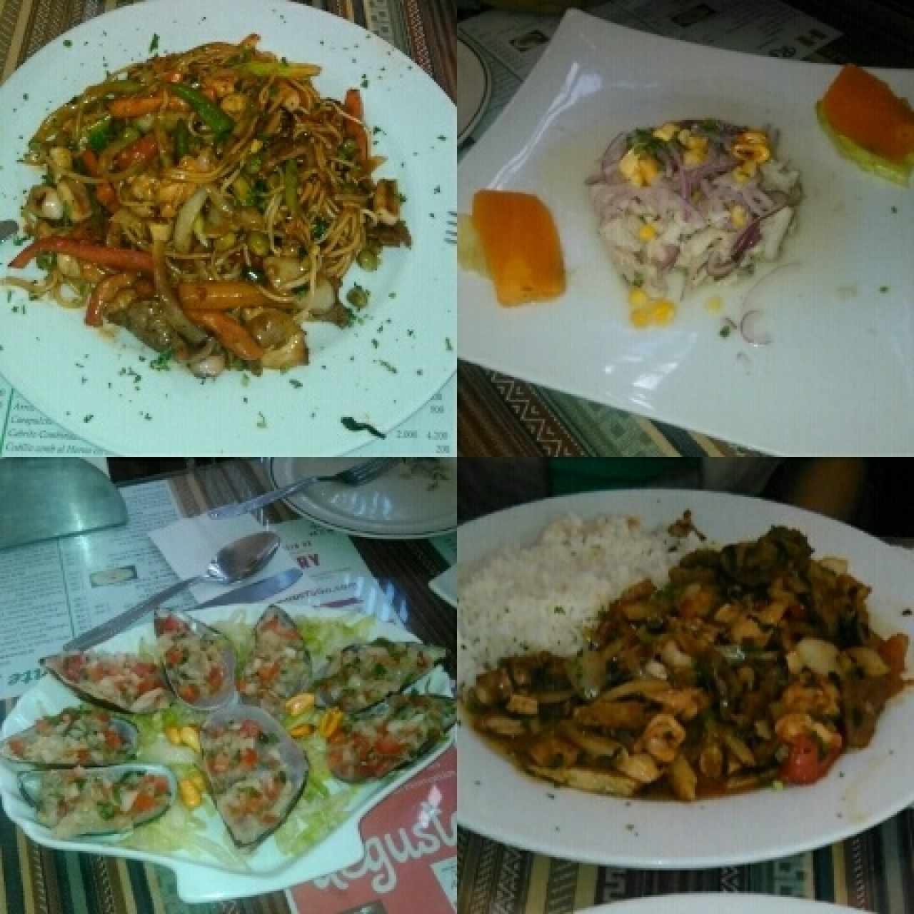 Tallarines mixtos / Salteado mixto / ceviche de róbalo y Choros a la Chalaca.... esta demás decir excelente! 