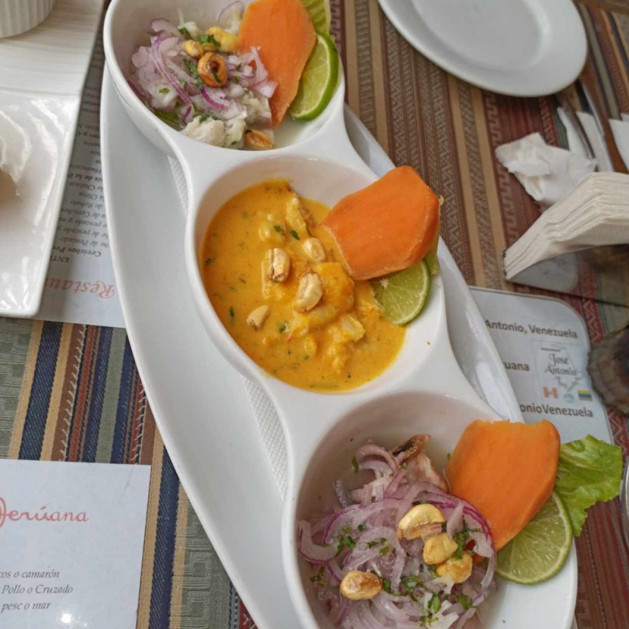 Degustación de ceviches (Ceviche clásico, Ceviche con ají amarillo, Ceviche mixto)