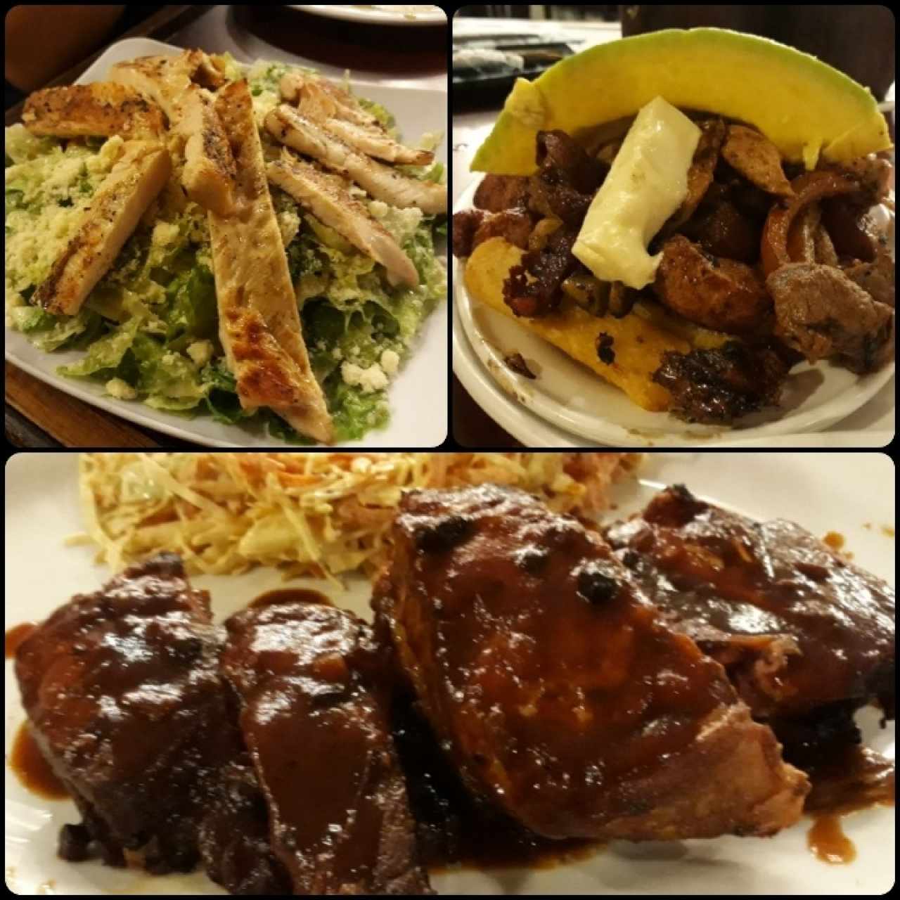 Ensalada César con pollo, parrilla especial salteado y costillas BBQ (todo lo recomiendo)