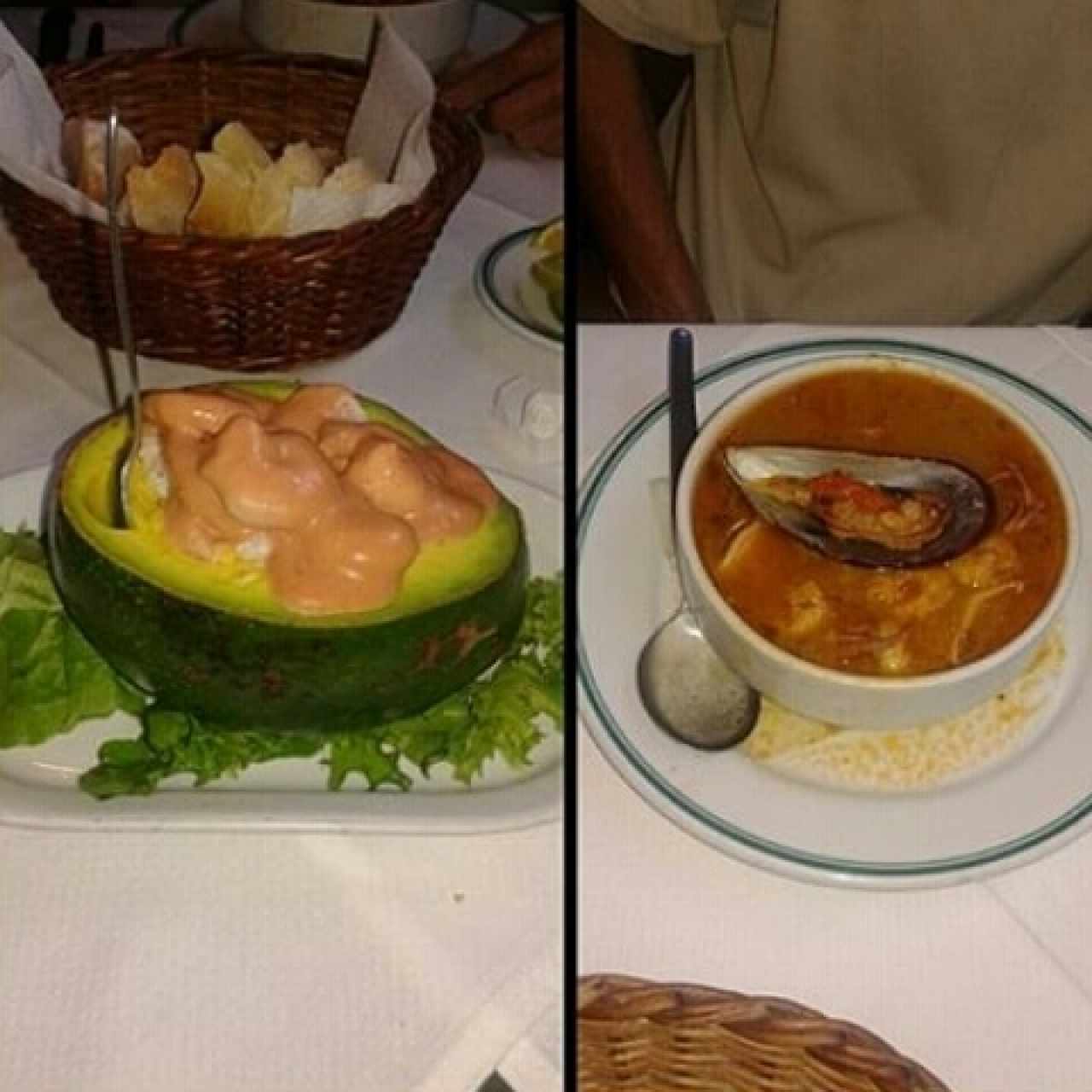 Camarones con aguacate y Cazuela de mariscos