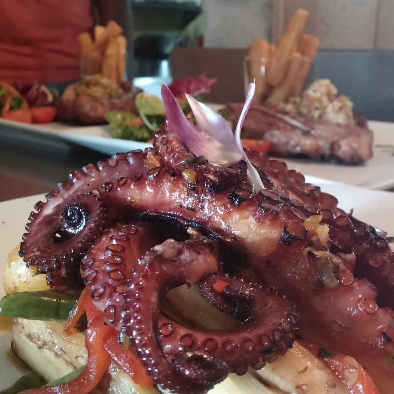 pulpo al grill sobre saltado de vegetales y papitas colombianas 