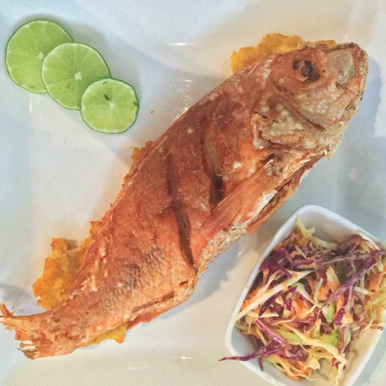 Parguito frito con tostones y ensalada