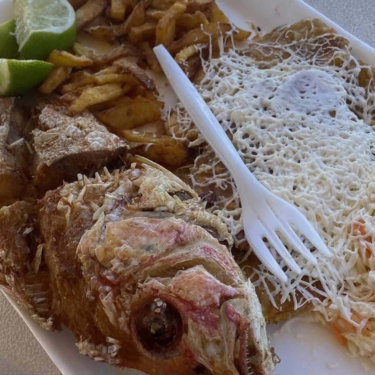Pescado frito con dos contornos 