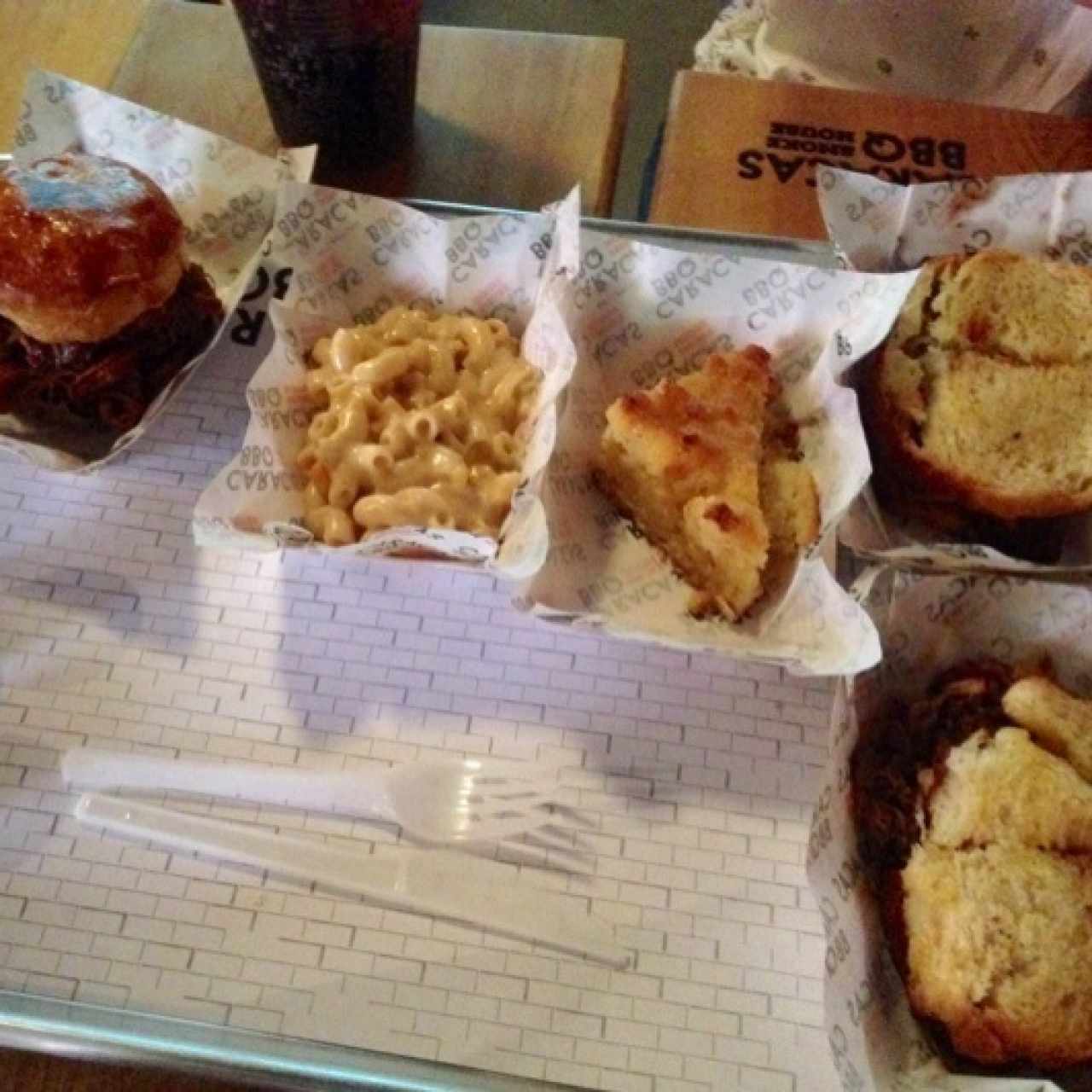Pulled pork, Mac 'n cheese, Corn bread, Rib Sandwich