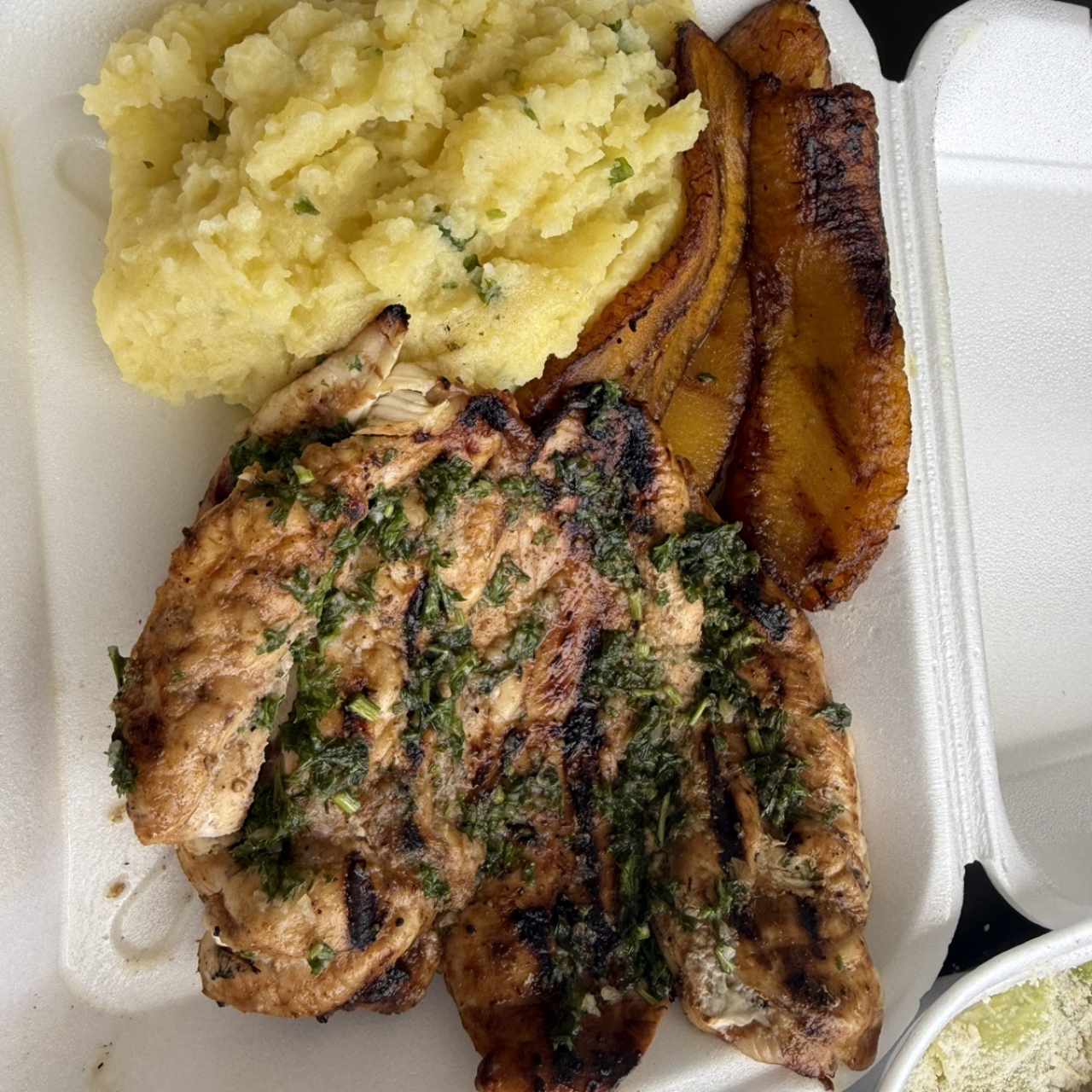 Pollo a la plancha al ajillo. Pure.  Tajadas  