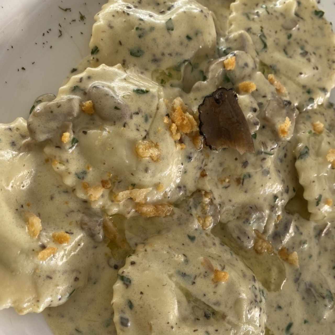 Pasta rellena con salsa de champiñones y trufa