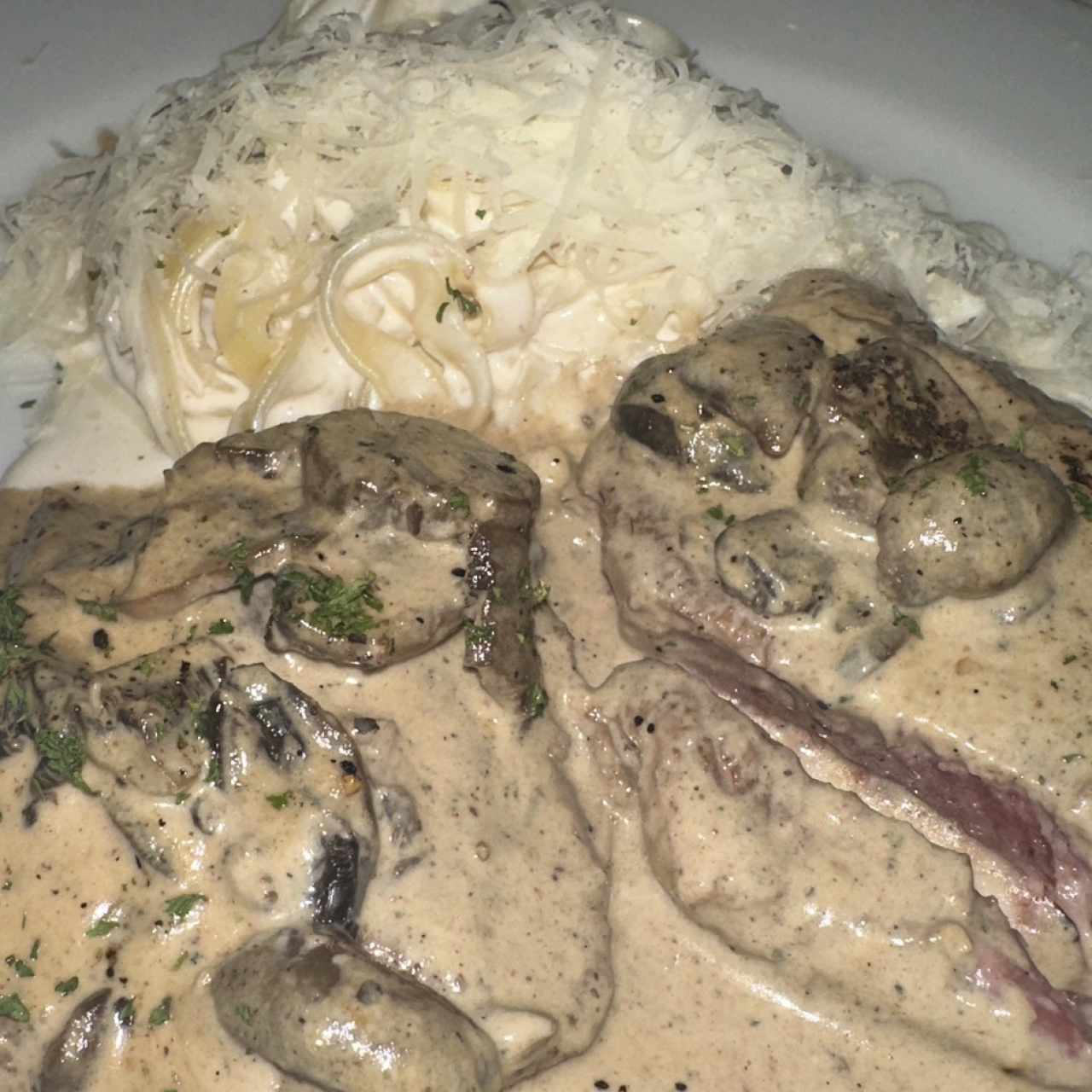 Lomito en salsa de champiñones y pasta Alfredo
