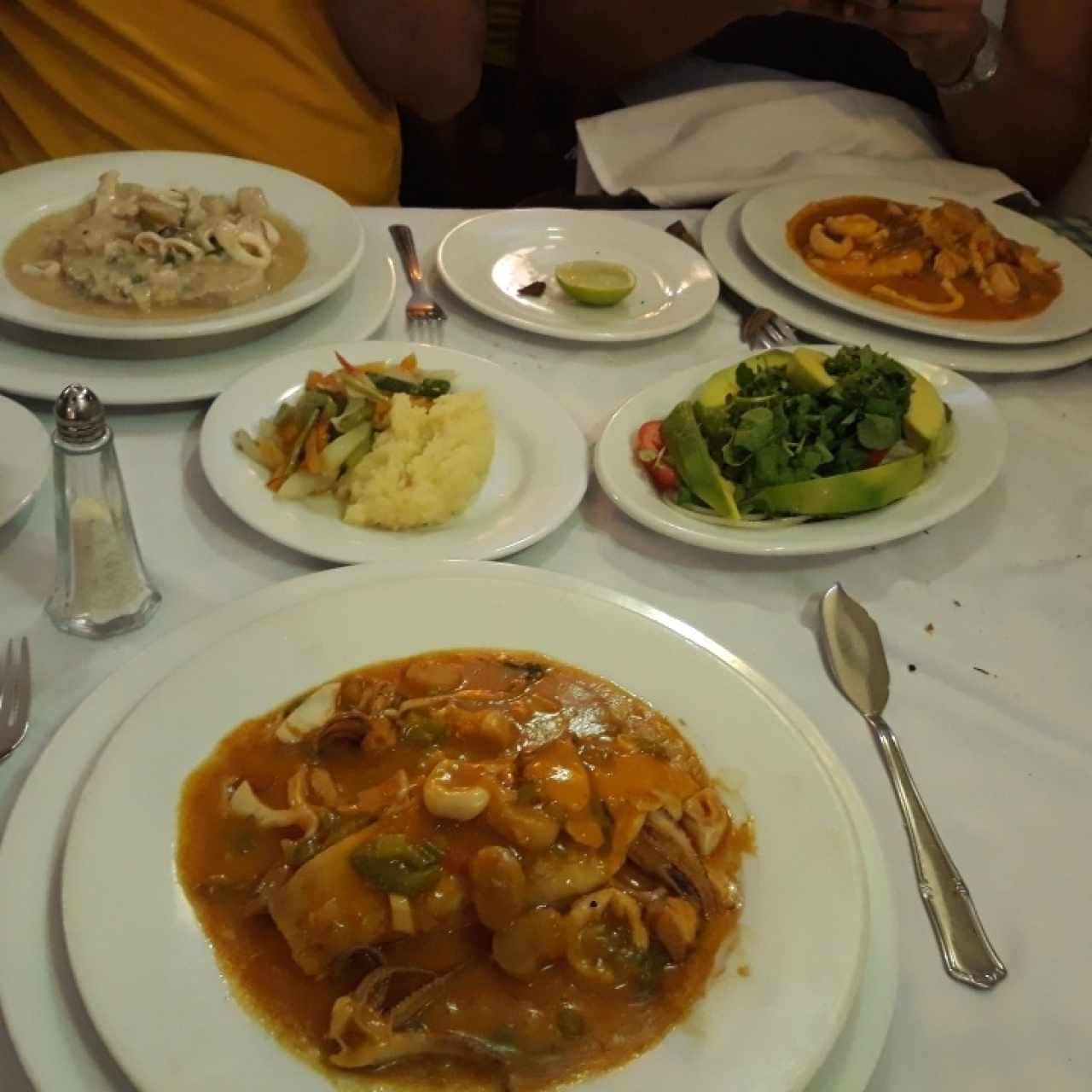 Variedad de Platos; Mero sobre una Salsa de Mariscos