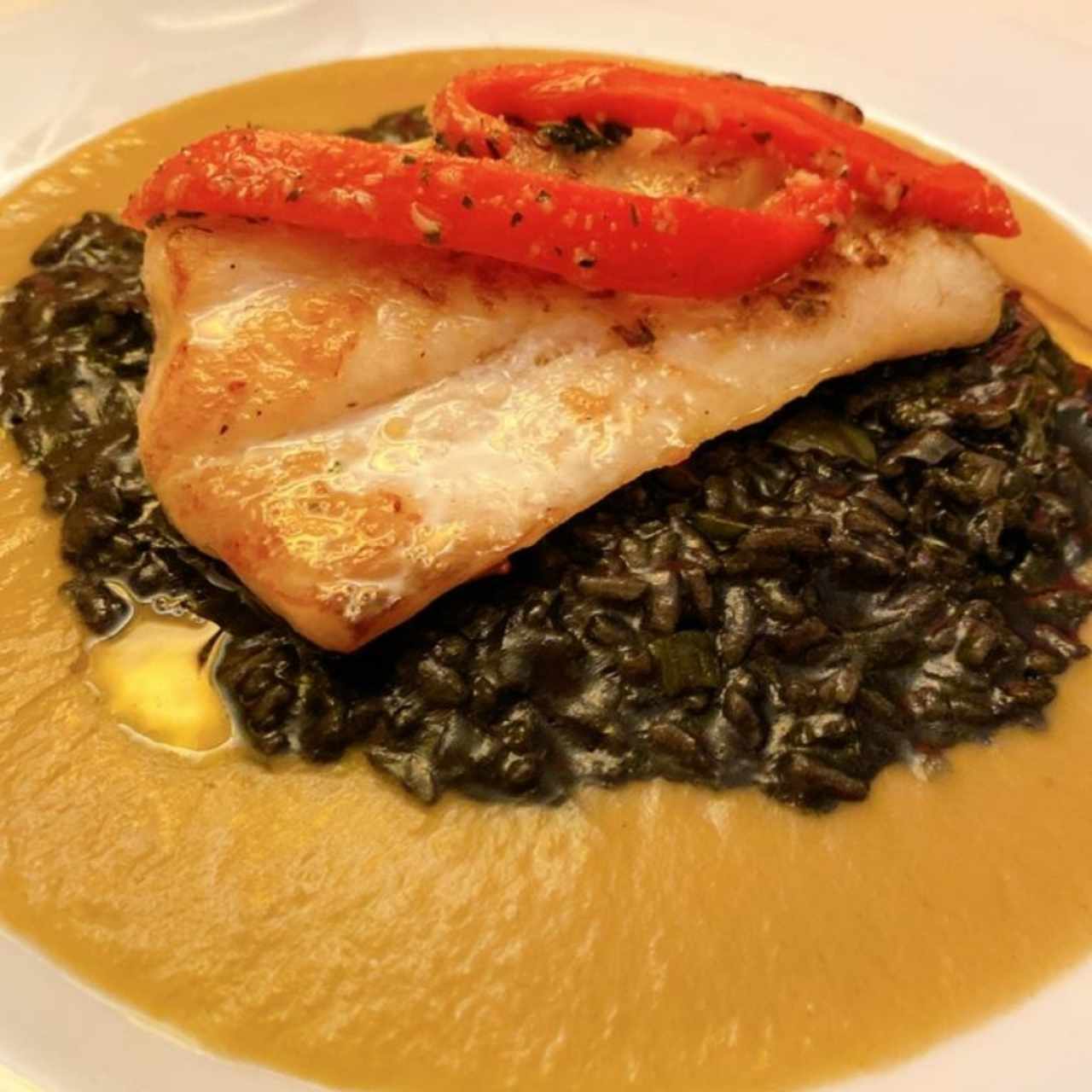 Róbalo sobre cama se risotto negro