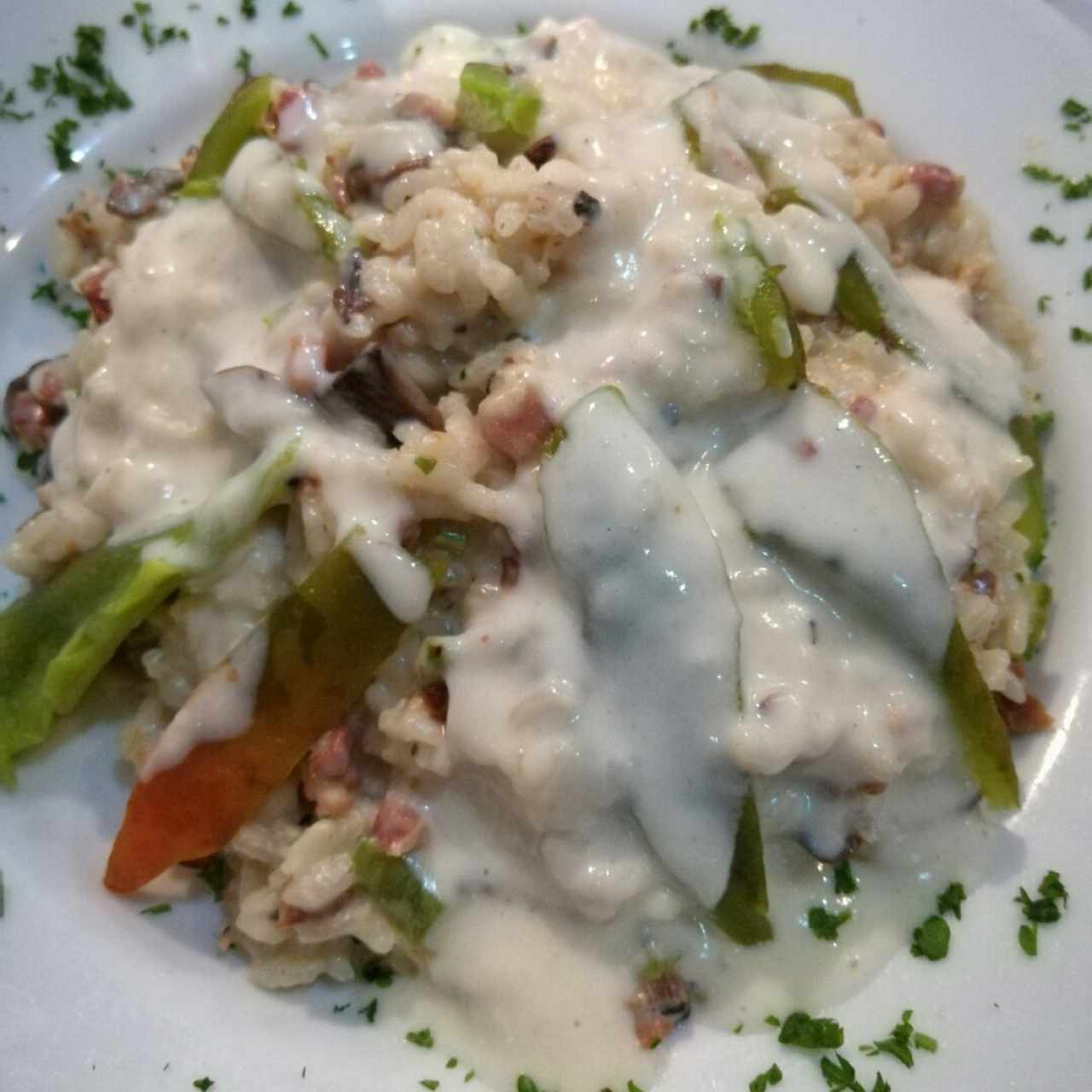 Risotto con champiñones y tocineta