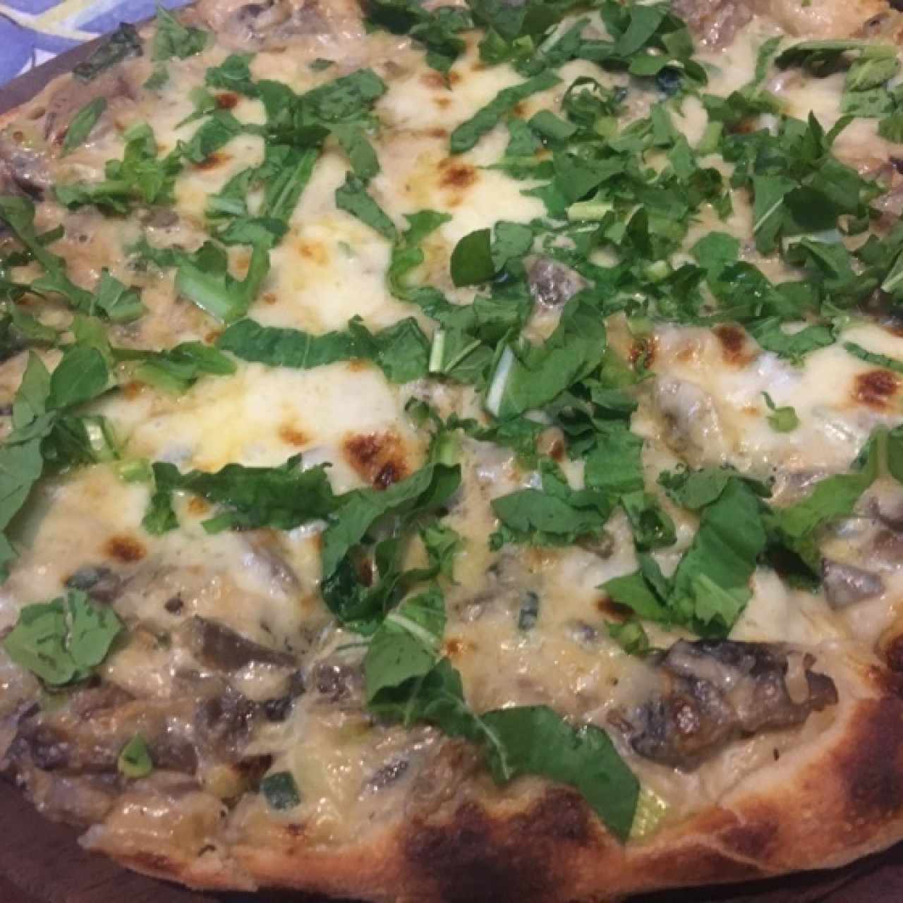 Con ajoporro, champiñoes y rúgula a la crema!