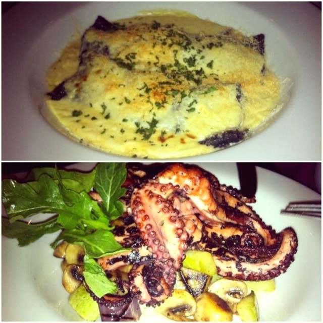 Canelones en tinta negra y pulpo al grill 