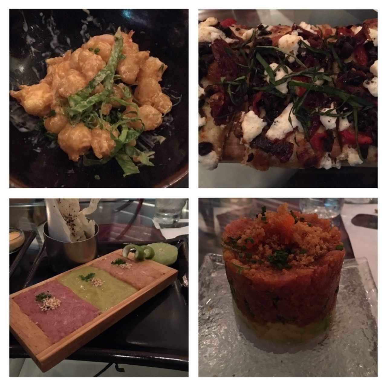 Camarones Tempura, Pizzetta, Trio Tartar y Spicy Tuna Salad