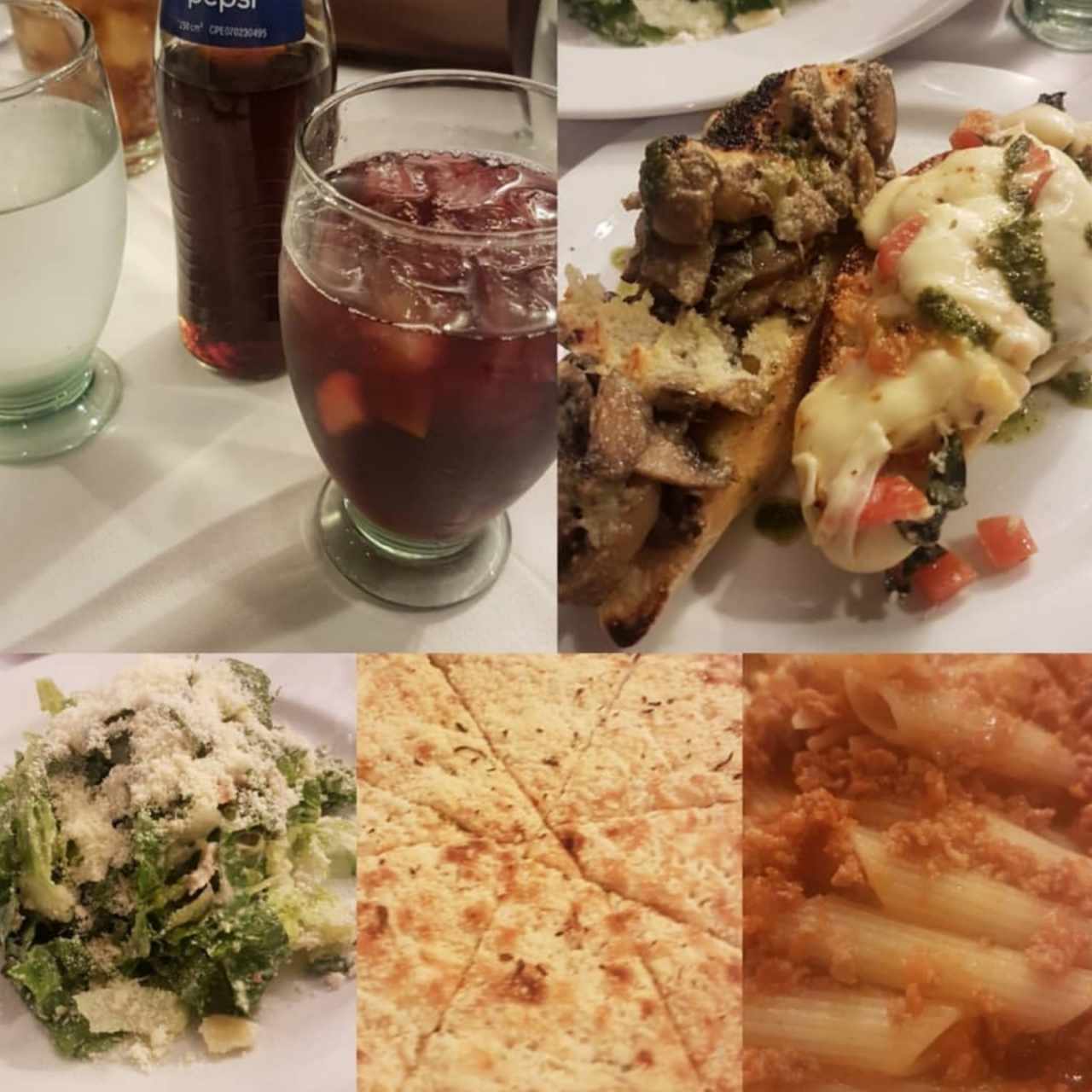 Sangría, Brusquetas, Ensalada Cesar, Focaccia, Pasta.