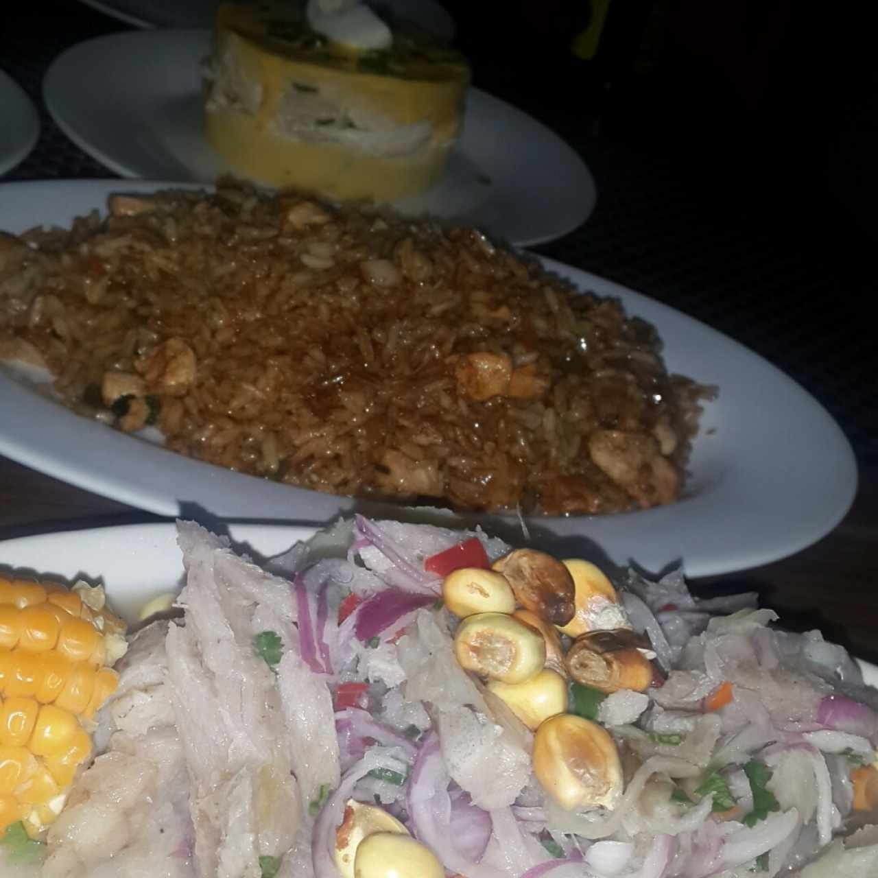Ceviche, arroz chaufa, y causa limeña