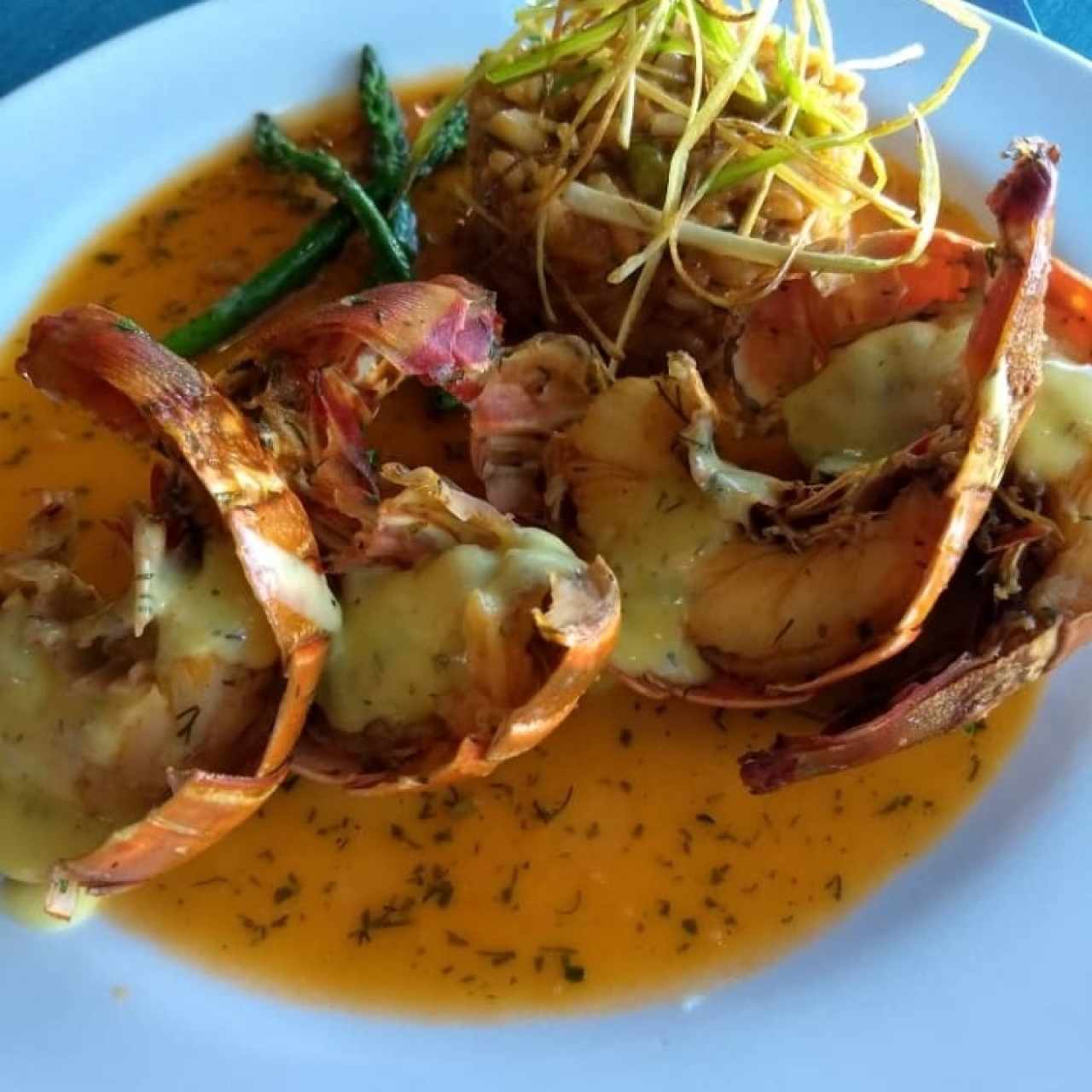 Cola de langosta y rissotto de champiñones y esparragos