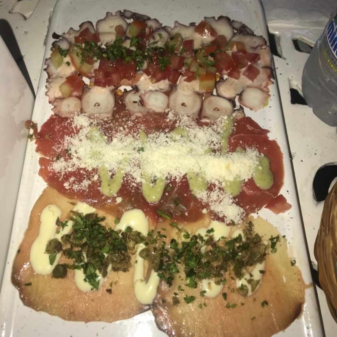 Trio de Carpaccio, Atún Ahumado, Pulpo y Lomito, todos Espectaculares