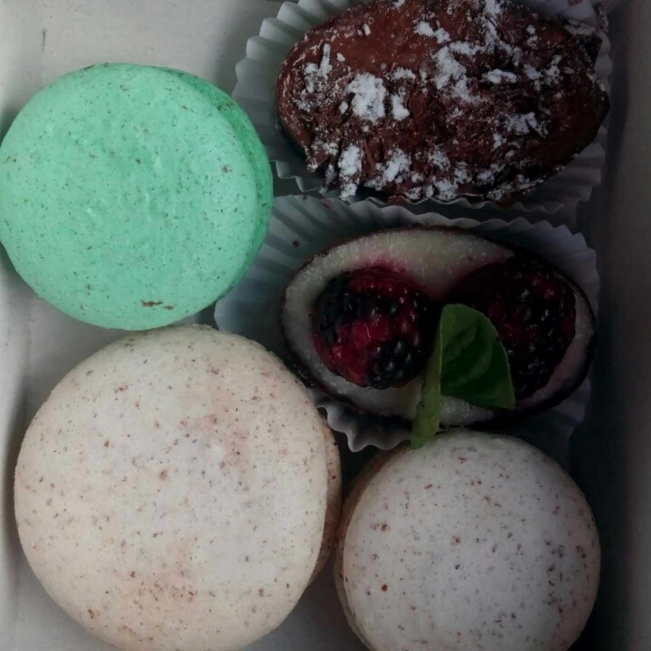 Macarons,  Mousse de Chocolate, Mousse de Guanabana 