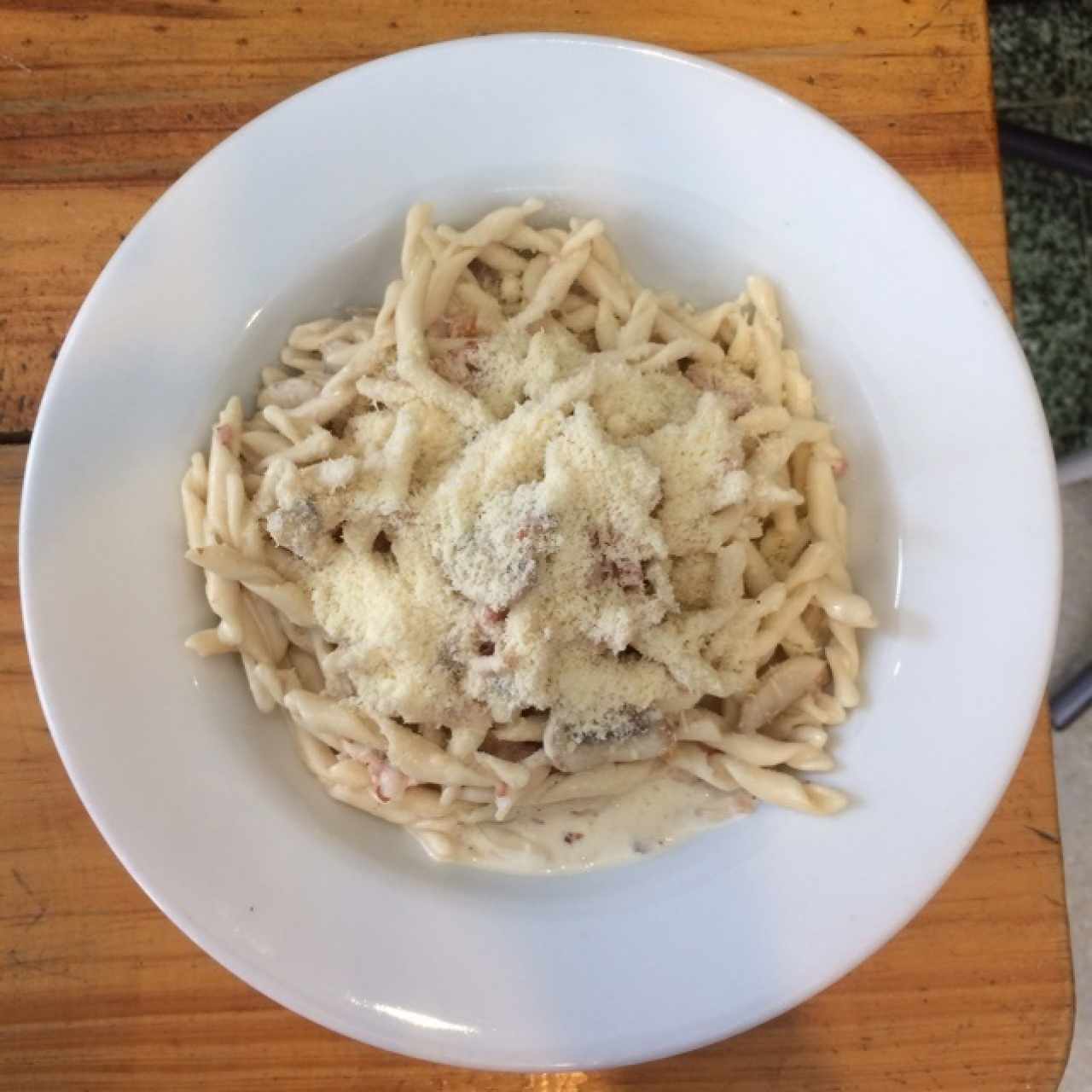 Pasta corta con salsa blanca, champiñones y tocineta